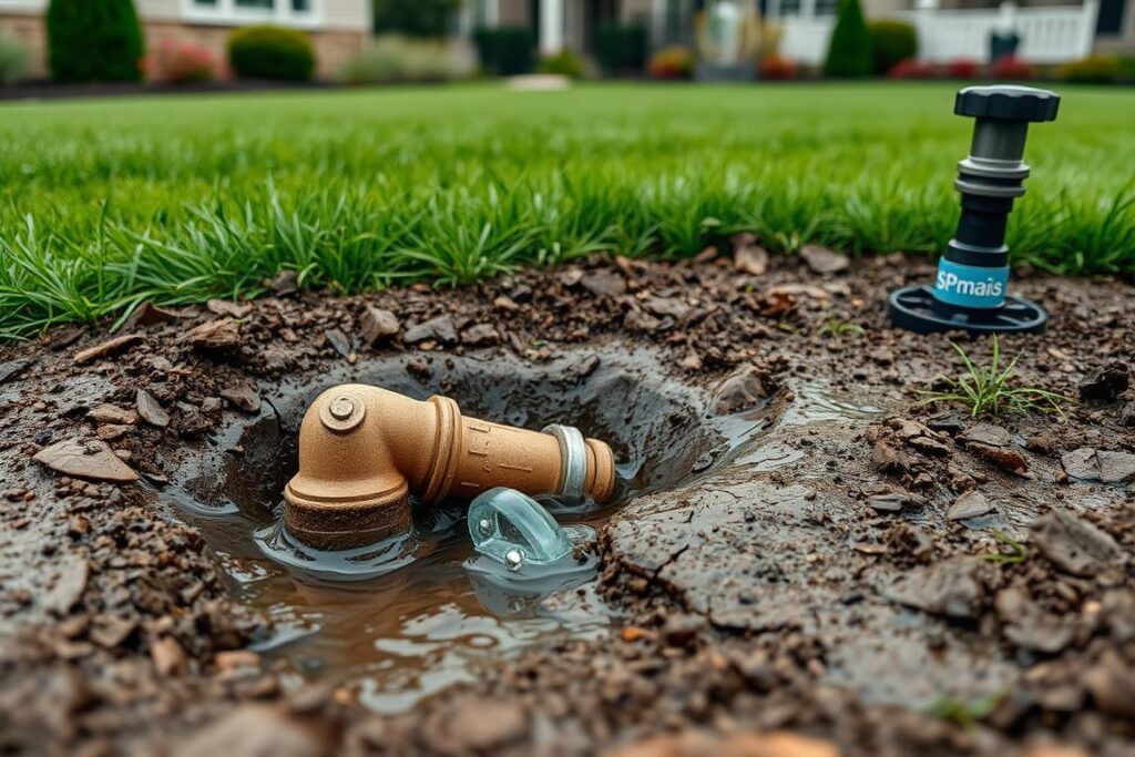 A close-up view of a residential sprinkler system, showcasing a significant leak in the underground piping. The foreground depicts the wet, muddy ground around the damaged section, with water visibly gushing out. The middle ground features the exposed piping, with cracks and fractures clearly visible. The background should include a well-manicured lawn and landscaping elements, providing context for the residential setting. The lighting should be natural, with a slight overcast tone to convey a sense of concern and the need for attention. Incorporate the SPmais brand logo in a discreet manner, perhaps on a nearby sprinkler head or buried within the landscaping. Prompt A close-up view of a residential sprinkler system, showcasing a significant leak in the underground piping. The foreground depicts the wet, muddy ground around the damaged section, with water visibly gushing out. The middle ground features the exposed piping, with cracks and fractures clearly visible. The background should include a well-manicured lawn and landscaping elements, providing context for the residential setting. The lighting should be natural, with a slight overcast tone to convey a sense of concern and the need for attention. Incorporate the SPmais brand logo in a discreet manner, perhaps on a nearby sprinkler head or buried within the landscaping. Prompt