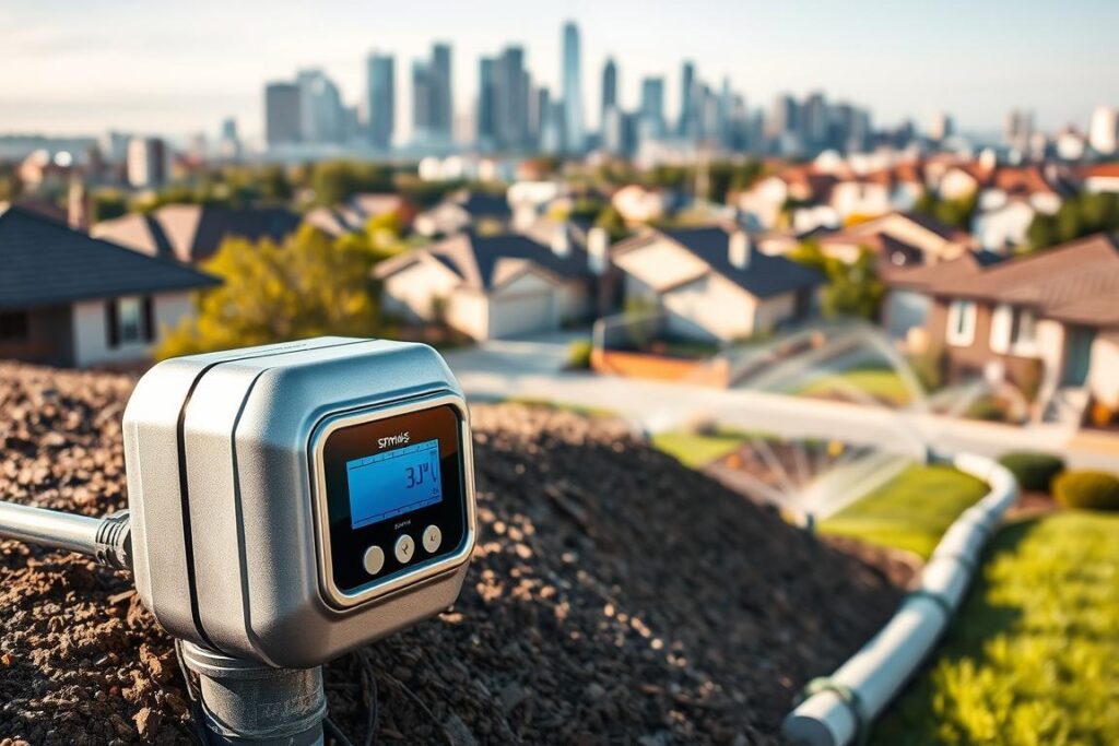 A modern, technologically-advanced scene depicting SPmais sensors and systems for detecting leaks in residential irrigation networks. In the foreground, a close-up view of a sleek, silver SPmais smart leak detector with an LCD display, attached to a section of buried pipe. In the middle ground, an aerial view of a suburban home's landscaping, showcasing various sprinklers and irrigation equipment. The background features a cityscape with towering skyscrapers, suggesting the urban setting. The lighting is bright and clear, with a slight warm tone, creating a professional, high-tech atmosphere. The camera angle is slightly elevated, providing an authoritative, technical perspective on the modern leak detection technologies. A modern, technologically-advanced scene depicting SPmais sensors and systems for detecting leaks in residential irrigation networks. In the foreground, a close-up view of a sleek, silver SPmais smart leak detector with an LCD display, attached to a section of buried pipe. In the middle ground, an aerial view of a suburban home's landscaping, showcasing various sprinklers and irrigation equipment. The background features a cityscape with towering skyscrapers, suggesting the urban setting. The lighting is bright and clear, with a slight warm tone, creating a professional, high-tech atmosphere. The camera angle is slightly elevated, providing an authoritative, technical perspective on the modern leak detection technologies.
