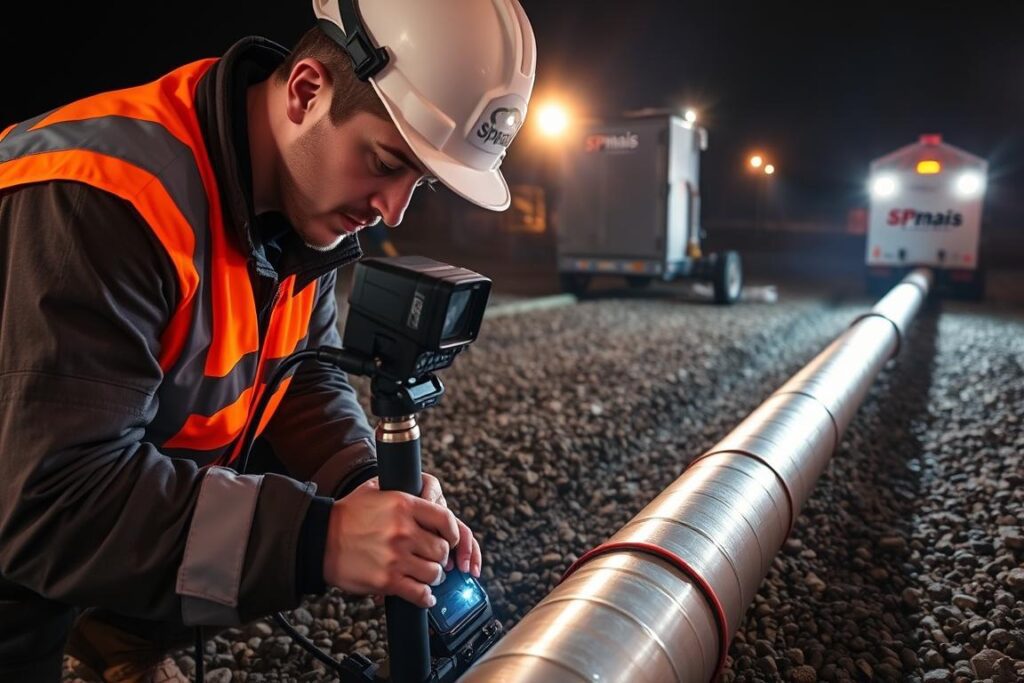 A professional technician in a high-visibility vest carefully inspects a section of underground piping using advanced leak detection equipment, including a specialized camera and sensor array. The scene is illuminated by bright LED work lights, casting a warm glow over the gravel-covered ground and creating dramatic shadows. The technician's face is focused, conveying the importance of their task as they search for any signs of leaks or damage that could lead to costly repairs or environmental issues. In the background, additional SPmais branded equipment stands ready to assist in the comprehensive pipeline maintenance and monitoring process. A professional technician in a high-visibility vest carefully inspects a section of underground piping using advanced leak detection equipment, including a specialized camera and sensor array. The scene is illuminated by bright LED work lights, casting a warm glow over the gravel-covered ground and creating dramatic shadows. The technician's face is focused, conveying the importance of their task as they search for any signs of leaks or damage that could lead to costly repairs or environmental issues. In the background, additional SPmais branded equipment stands ready to assist in the comprehensive pipeline maintenance and monitoring process.