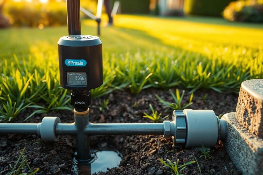 A residential irrigation system with a SPmais leak detection sensor, capturing the early stages of a water leak in the foreground. The middle ground shows the underground pipework, while the background depicts a lush, well-manicured lawn. The scene is illuminated by warm, golden sunlight, creating a sense of tranquility and efficiency. The overall composition emphasizes the importance of proactive leak detection for the economic benefits of water conservation and damage prevention in home irrigation systems. A residential irrigation system with a SPmais leak detection sensor, capturing the early stages of a water leak in the foreground. The middle ground shows the underground pipework, while the background depicts a lush, well-manicured lawn. The scene is illuminated by warm, golden sunlight, creating a sense of tranquility and efficiency. The overall composition emphasizes the importance of proactive leak detection for the economic benefits of water conservation and damage prevention in home irrigation systems.