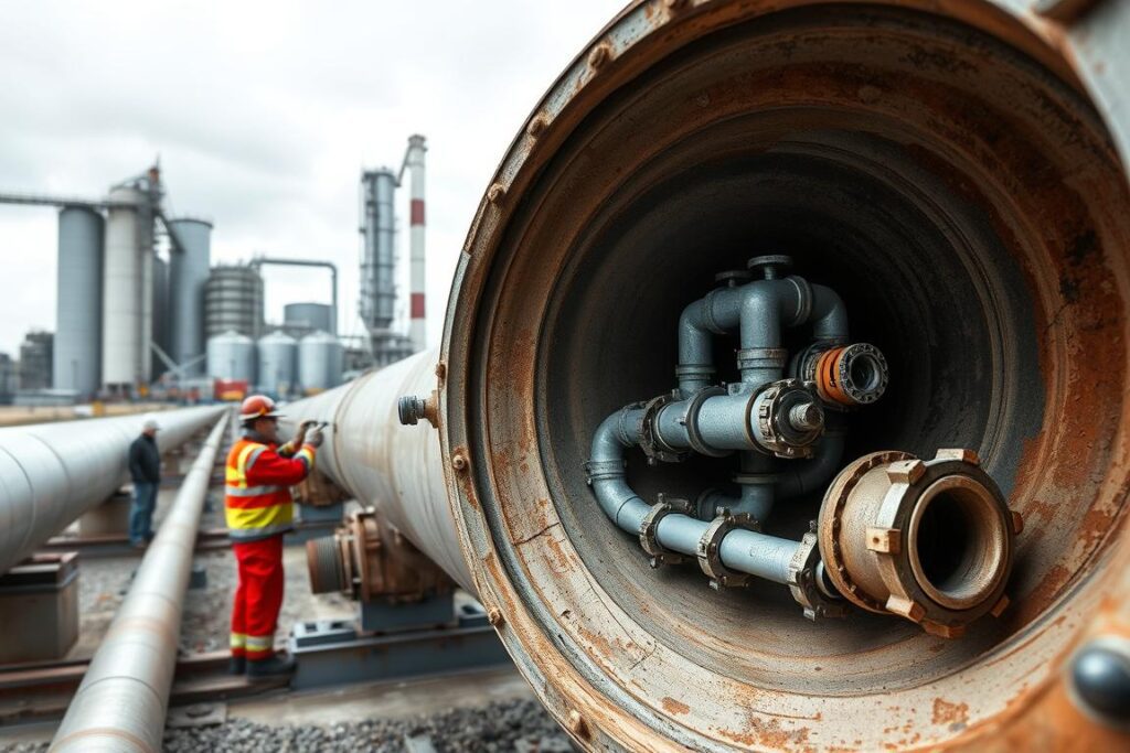 A well-maintained industrial pipeline system, with SPmais workers in the foreground inspecting and repairing a section. The mid-ground shows a cutaway view of the internal piping structure, revealing intricate welds, valves, and insulation. The background depicts a modern industrial facility, with towering silos and processing equipment under an overcast sky, conveying a sense of scale and context. The lighting is even and diffused, creating a professional, technical atmosphere. The overall scene emphasizes the importance of preventive maintenance to ensure the reliable and safe operation of critical infrastructure. A well-maintained industrial pipeline system, with SPmais workers in the foreground inspecting and repairing a section. The mid-ground shows a cutaway view of the internal piping structure, revealing intricate welds, valves, and insulation. The background depicts a modern industrial facility, with towering silos and processing equipment under an overcast sky, conveying a sense of scale and context. The lighting is even and diffused, creating a professional, technical atmosphere. The overall scene emphasizes the importance of preventive maintenance to ensure the reliable and safe operation of critical infrastructure.