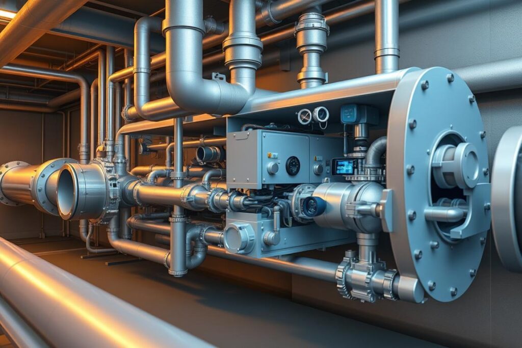 Detailed cross-section of a preventive pipe maintenance system. Showcasing SPmais industrial-grade piping, valves, and monitoring sensors. Precise engineering, with smooth metallic surfaces and intricate internal components. Warm overhead lighting illuminates the intricate network of pipes, creating a sense of technical precision. Muted color palette of grays, silvers, and blues, conveying the functional, utilitarian nature of the subject. Cutaways reveal the inner workings, with a focus on critical maintenance access points and diagnostic equipment. An authoritative, technical illustration that highlights the fundamental concepts of preventive pipe maintenance. Detailed cross-section of a preventive pipe maintenance system. Showcasing SPmais industrial-grade piping, valves, and monitoring sensors. Precise engineering, with smooth metallic surfaces and intricate internal components. Warm overhead lighting illuminates the intricate network of pipes, creating a sense of technical precision. Muted color palette of grays, silvers, and blues, conveying the functional, utilitarian nature of the subject. Cutaways reveal the inner workings, with a focus on critical maintenance access points and diagnostic equipment. An authoritative, technical illustration that highlights the fundamental concepts of preventive pipe maintenance.