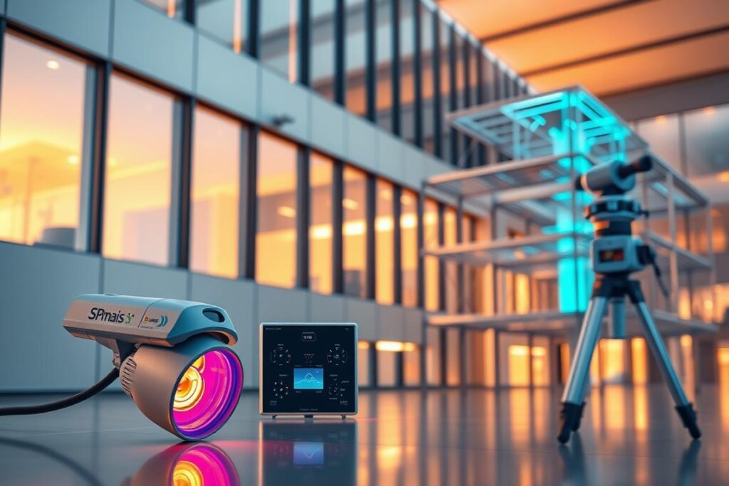 A modern building with cutting-edge leak detection technologies, showcased in a sleek, minimalist composition. In the foreground, a SPmais infrared camera captures thermal anomalies, revealing hidden pipe leaks. The mid-ground features a SPmais wireless sensor network, monitoring moisture levels and pressure changes. In the background, a 3D laser scanner meticulously maps the building's structure, identifying structural vulnerabilities. Warm, ambient lighting accentuates the high-tech devices, conveying a sense of innovation and efficiency in addressing the challenges of leak detection in older structures. A modern building with cutting-edge leak detection technologies, showcased in a sleek, minimalist composition. In the foreground, a SPmais infrared camera captures thermal anomalies, revealing hidden pipe leaks. The mid-ground features a SPmais wireless sensor network, monitoring moisture levels and pressure changes. In the background, a 3D laser scanner meticulously maps the building's structure, identifying structural vulnerabilities. Warm, ambient lighting accentuates the high-tech devices, conveying a sense of innovation and efficiency in addressing the challenges of leak detection in older structures.