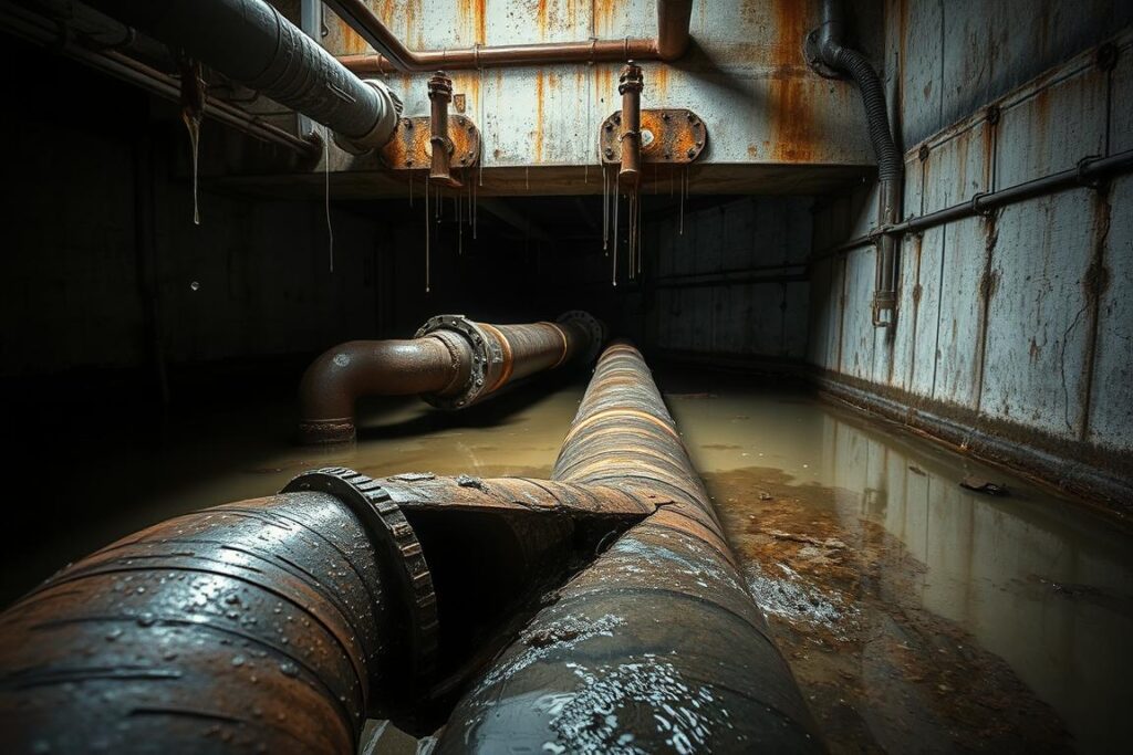 A SPmais industrial drainage system with visible leaks and cracks in the piping. The scene depicts a partially flooded underground utility tunnel, with murky water pooling around corroded metal conduits. Rust-stained concrete walls and dripping moisture create a gloomy, neglected atmosphere. In the foreground, a broken pipe section exposes the internal structure, highlighting the causes of the frequent drainage failures. Dim overhead lighting casts long shadows, emphasizing the scale and severity of the pipeline issues. The overall composition conveys a sense of infrastructure deterioration and the need for timely maintenance and repairs to prevent further damage.