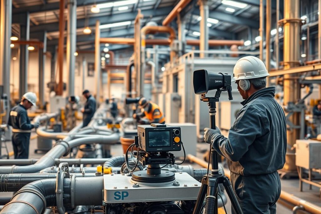 A bustling industrial facility, the SPmais sustainable leak detection operation in progress. In the foreground, technicians skillfully maneuver specialized equipment, meticulously scanning for any signs of leaks. The middle ground showcases the latest in eco-friendly monitoring technology, designed to minimize environmental impact. In the background, a clean, modern structure provides a sense of order and purpose. Warm, natural lighting illuminates the scene, creating an atmosphere of professionalism and environmental responsibility. The overall composition conveys the importance of sustainable practices in protecting the planet. A bustling industrial facility, the SPmais sustainable leak detection operation in progress. In the foreground, technicians skillfully maneuver specialized equipment, meticulously scanning for any signs of leaks. The middle ground showcases the latest in eco-friendly monitoring technology, designed to minimize environmental impact. In the background, a clean, modern structure provides a sense of order and purpose. Warm, natural lighting illuminates the scene, creating an atmosphere of professionalism and environmental responsibility. The overall composition conveys the importance of sustainable practices in protecting the planet.