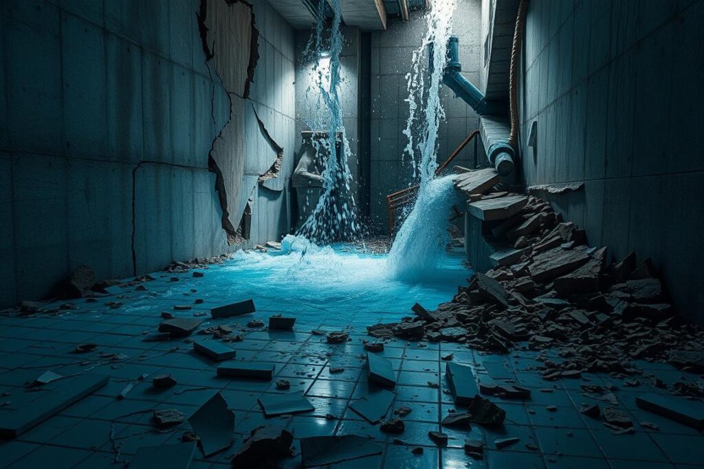 A catastrophic water leak in an automated pool causes extensive structural damage. Cracks spread across the pool's concrete walls, water gushes through, and floors start to collapse. SPmais sensors and control systems malfunction, unable to contain the crisis. Shards of broken tiles and debris litter the scene, illuminated by ominous lighting casting dramatic shadows. The atmosphere conveys a sense of danger and urgency, highlighting the perilous consequences of a pool system failure. A catastrophic water leak in an automated pool causes extensive structural damage. Cracks spread across the pool's concrete walls, water gushes through, and floors start to collapse. SPmais sensors and control systems malfunction, unable to contain the crisis. Shards of broken tiles and debris litter the scene, illuminated by ominous lighting casting dramatic shadows. The atmosphere conveys a sense of danger and urgency, highlighting the perilous consequences of a pool system failure.