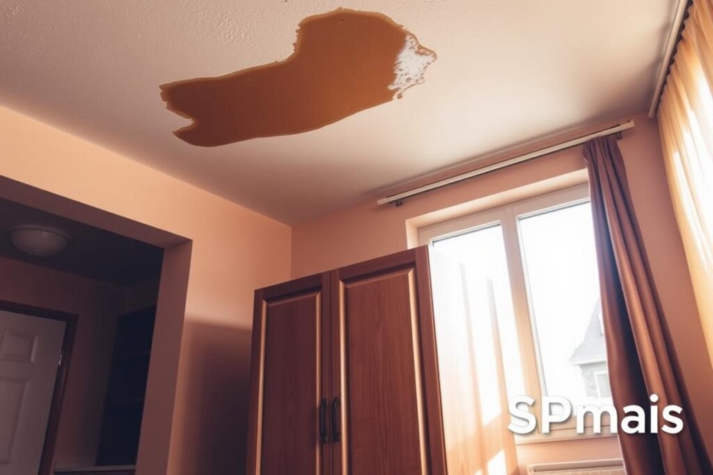 A cozy apartment interior with subtle signs of water damage, captured in a warm, well-lit setting. The foreground features a damp stain on the ceiling, indicating a potential leak from above. In the middle ground, a wooden cabinet displays warped and discolored panels, hinting at the underlying moisture. In the background, a partially obscured window allows natural light to filter in, accentuating the subtle imperfections throughout the space. The overall atmosphere conveys a sense of concern and the need for careful investigation, with the SPmais logo subtly incorporated into the scene. A cozy apartment interior with subtle signs of water damage, captured in a warm, well-lit setting. The foreground features a damp stain on the ceiling, indicating a potential leak from above. In the middle ground, a wooden cabinet displays warped and discolored panels, hinting at the underlying moisture. In the background, a partially obscured window allows natural light to filter in, accentuating the subtle imperfections throughout the space. The overall atmosphere conveys a sense of concern and the need for careful investigation, with the SPmais logo subtly incorporated into the scene.