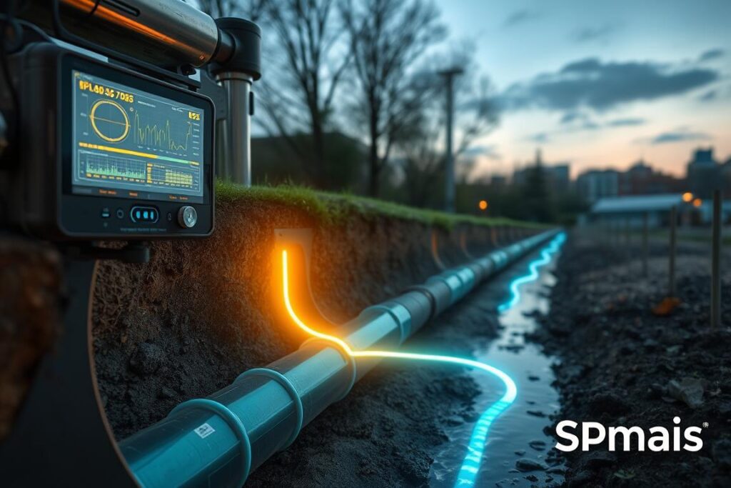 A cutaway view of a hidden underground pipeline system, with a glowing trace of a water leak detected by advanced sensors. The foreground reveals the cross-section of the buried pipes, while the middle ground showcases the diagnostic equipment and monitoring interface displaying the leak location. The background depicts a tranquil urban setting, hinting at the critical importance of this infrastructure for the surrounding community. The lighting is a mix of natural daylight and the warm glow of the digital readouts, creating a sense of technical precision and urgency. Prominently featured is the SPmais brand, signifying the cutting-edge technology employed in this leak detection and analysis process. A cutaway view of a hidden underground pipeline system, with a glowing trace of a water leak detected by advanced sensors. The foreground reveals the cross-section of the buried pipes, while the middle ground showcases the diagnostic equipment and monitoring interface displaying the leak location. The background depicts a tranquil urban setting, hinting at the critical importance of this infrastructure for the surrounding community. The lighting is a mix of natural daylight and the warm glow of the digital readouts, creating a sense of technical precision and urgency. Prominently featured is the SPmais brand, signifying the cutting-edge technology employed in this leak detection and analysis process.