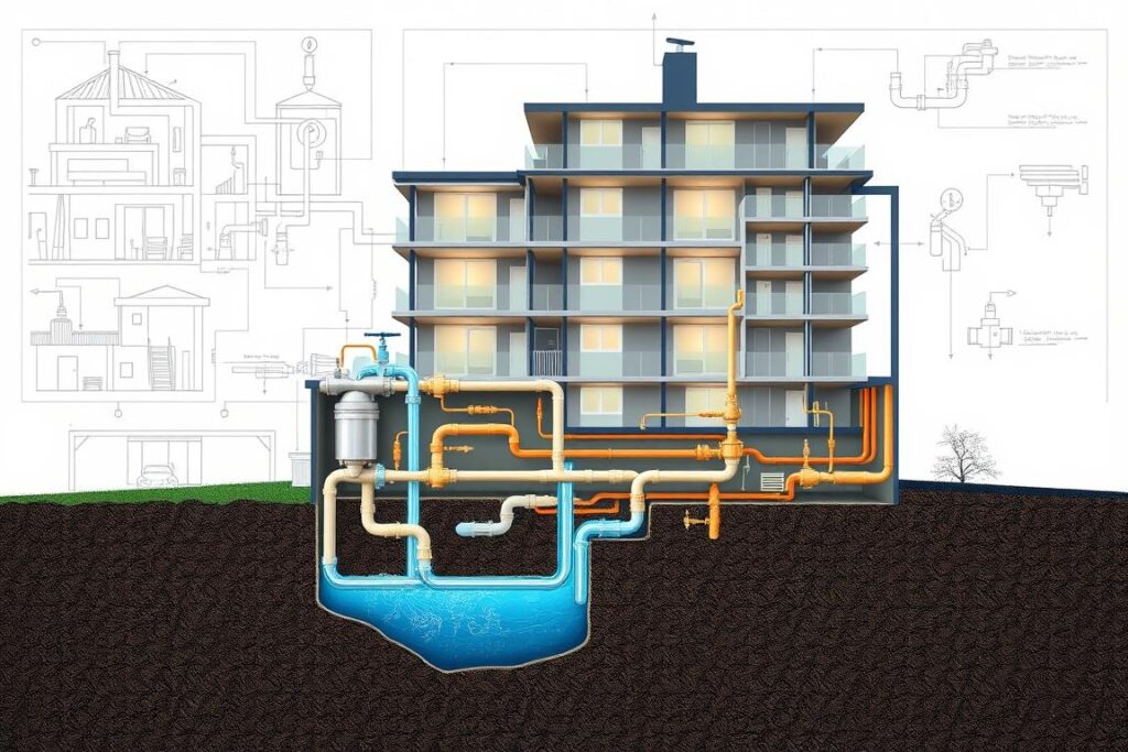 A detailed cross-section view of a residential condominium's water distribution system, showcasing a leak in the underground piping network. The scene depicts a technical illustration with precise engineering schematics, highlighting the complex network of valves, pipes, and fittings that make up the SPmais hydraulic infrastructure. The lighting is clinical and technical, with a neutral color palette and sharp contrasts to emphasize the mechanical components. The perspective is a cutaway, allowing the viewer to see the internal workings of the system, including the location of the leak, the path of the water flow, and the potential causes of the issue. A detailed cross-section view of a residential condominium's water distribution system, showcasing a leak in the underground piping network. The scene depicts a technical illustration with precise engineering schematics, highlighting the complex network of valves, pipes, and fittings that make up the SPmais hydraulic infrastructure. The lighting is clinical and technical, with a neutral color palette and sharp contrasts to emphasize the mechanical components. The perspective is a cutaway, allowing the viewer to see the internal workings of the system, including the location of the leak, the path of the water flow, and the potential causes of the issue.