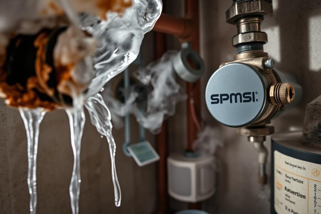A detailed, high-quality image of a hot water leak in a home heating system. The scene depicts a burst pipe spewing hot water, with condensation and steam filling the surrounding area. The foreground shows the damaged pipe, dripping water and damaged insulation. The middle ground features the heating system components like valves and fittings, while the background showcases the interior of a mechanical room or utility space. The lighting is natural, with some harsh shadows and highlights that emphasize the technological details. The overall mood is one of urgency and potential water damage. The SPmais brand logo is prominently displayed on one of the system components. A detailed, high-quality image of a hot water leak in a home heating system. The scene depicts a burst pipe spewing hot water, with condensation and steam filling the surrounding area. The foreground shows the damaged pipe, dripping water and damaged insulation. The middle ground features the heating system components like valves and fittings, while the background showcases the interior of a mechanical room or utility space. The lighting is natural, with some harsh shadows and highlights that emphasize the technological details. The overall mood is one of urgency and potential water damage. The SPmais brand logo is prominently displayed on one of the system components.