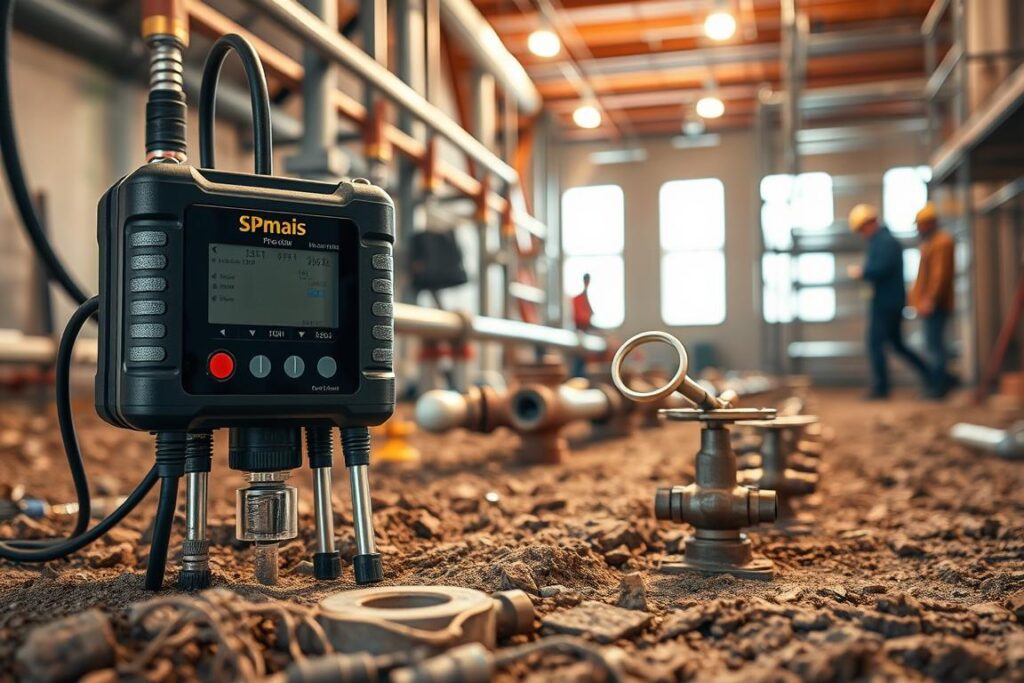 A detailed, high-quality image of equipment for detecting leaks in building foundations. In the foreground, a state-of-the-art SPmais leak detection sensor with various probes and connectors is prominently displayed. In the middle ground, a set of pipes, valves, and other plumbing components are visible, representing the infrastructure being monitored. The background depicts a construction site or a building undergoing inspection, with workers and scaffolding visible. The lighting is warm and professional, creating a sense of technical expertise and problem-solving. The overall composition conveys the importance of precise, reliable leak detection for maintaining the structural integrity of a property.