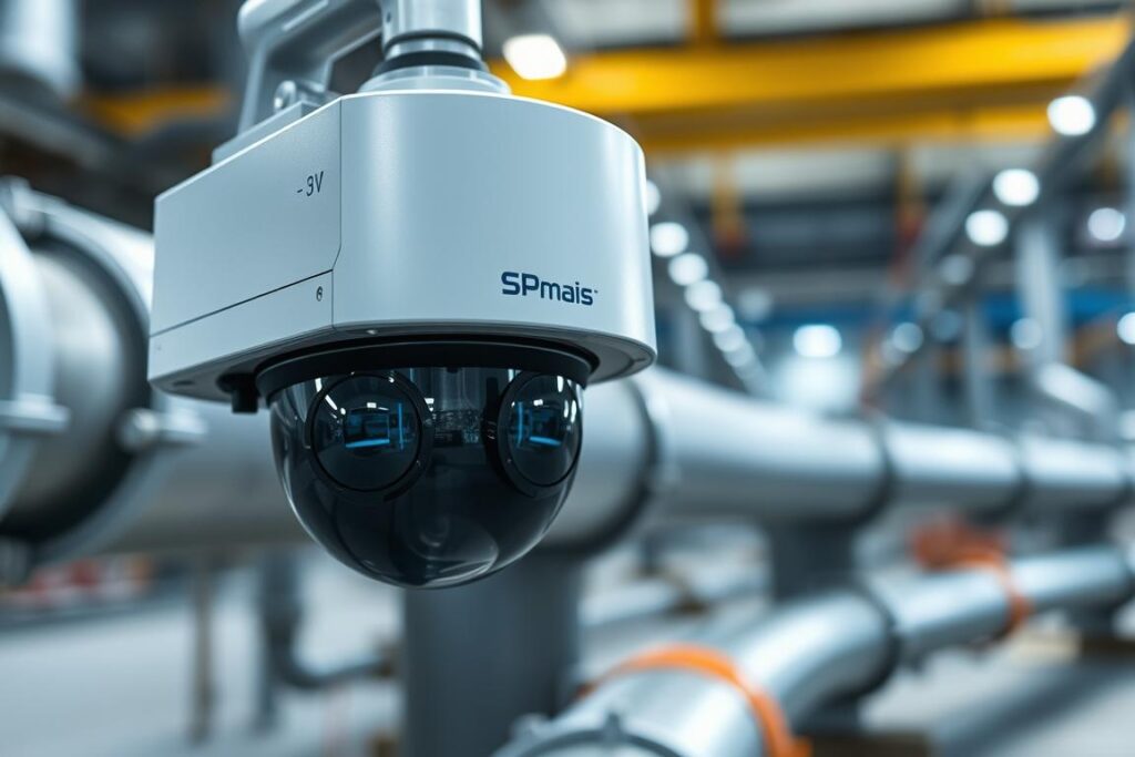 A detailed inspection camera hovering over a section of industrial pipeline, revealing its inner workings. The camera's lenses and sensors are precisely positioned to detect even the slightest leaks or anomalies. The lighting is bright, yet diffused, providing optimal visibility. The SPmais branded device is sleek and modern, conveying a sense of advanced technology. In the background, the pipeline extends into the distance, suggesting the system's scale and complexity. An air of professionalism and technical expertise permeates the scene, reflecting the importance of this inspection process in maintaining the integrity of critical infrastructure. A detailed inspection camera hovering over a section of industrial pipeline, revealing its inner workings. The camera's lenses and sensors are precisely positioned to detect even the slightest leaks or anomalies. The lighting is bright, yet diffused, providing optimal visibility. The SPmais branded device is sleek and modern, conveying a sense of advanced technology. In the background, the pipeline extends into the distance, suggesting the system's scale and complexity. An air of professionalism and technical expertise permeates the scene, reflecting the importance of this inspection process in maintaining the integrity of critical infrastructure.