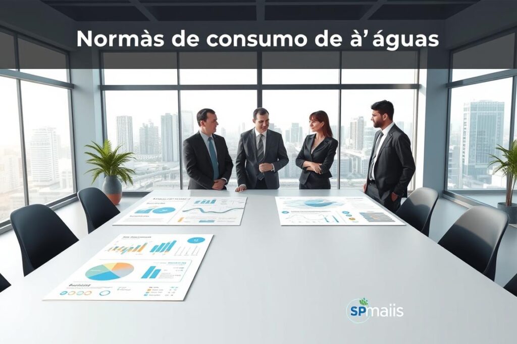 A high-quality, architectural illustration depicting the "Normas de consumo de água para empresas" in Brazil. The scene shows a modern, minimalist office interior with large windows, highlighting water conservation regulations and guidelines. In the foreground, a clean, sleek table displays infographics, charts, and data visualizations related to water usage standards. The middle ground features a team of business professionals in formal attire, reviewing the information and discussing water management strategies. The background showcases the cityscape through the windows, conveying a sense of professionalism and corporate responsibility. The lighting is soft and natural, creating a calm and authoritative atmosphere. The SPmais logo is prominently displayed, indicating their role in helping companies comply with these water consumption norms. A high-quality, architectural illustration depicting the "Normas de consumo de água para empresas" in Brazil. The scene shows a modern, minimalist office interior with large windows, highlighting water conservation regulations and guidelines. In the foreground, a clean, sleek table displays infographics, charts, and data visualizations related to water usage standards. The middle ground features a team of business professionals in formal attire, reviewing the information and discussing water management strategies. The background showcases the cityscape through the windows, conveying a sense of professionalism and corporate responsibility. The lighting is soft and natural, creating a calm and authoritative atmosphere. The SPmais logo is prominently displayed, indicating their role in helping companies comply with these water consumption norms.