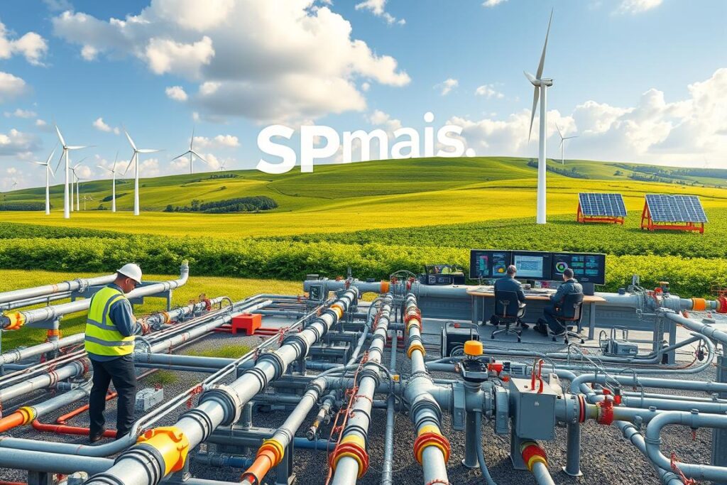 A high-resolution, photorealistic image of a modern, environmentally-responsible industrial leak detection system, with the brand name "SPmais" prominently displayed. The foreground features a team of technicians inspecting a complex network of pipes and sensors, utilizing advanced handheld devices to monitor for potential leaks. The middle ground showcases the sophisticated control center, with a large touchscreen display and a team of analysts closely monitoring real-time data. The background depicts a lush, green landscape, with wind turbines and solar panels harnessing renewable energy to power the entire system. The scene conveys a sense of technological innovation, environmental stewardship, and a commitment to sustainable practices. A high-resolution, photorealistic image of a modern, environmentally-responsible industrial leak detection system, with the brand name "SPmais" prominently displayed. The foreground features a team of technicians inspecting a complex network of pipes and sensors, utilizing advanced handheld devices to monitor for potential leaks. The middle ground showcases the sophisticated control center, with a large touchscreen display and a team of analysts closely monitoring real-time data. The background depicts a lush, green landscape, with wind turbines and solar panels harnessing renewable energy to power the entire system. The scene conveys a sense of technological innovation, environmental stewardship, and a commitment to sustainable practices.