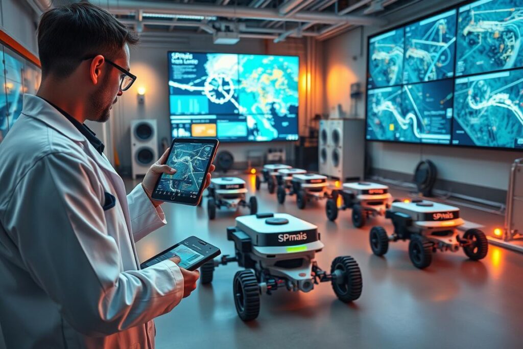 A high-tech laboratory filled with cutting-edge equipment for detecting and repairing leaks. In the foreground, an engineer in a white lab coat examines a handheld device displaying a 3D map of underground pipelines. In the middle ground, robotic systems with advanced sensors crawl along the floor, analyzing for any signs of leaks. The background features a large video wall displaying real-time telemetry and satellite imagery to track and locate leaks. Warm, ambient lighting illuminates the scene, creating a sense of innovation and environmental responsibility. The SPmais logo prominently displayed on the equipment. A high-tech laboratory filled with cutting-edge equipment for detecting and repairing leaks. In the foreground, an engineer in a white lab coat examines a handheld device displaying a 3D map of underground pipelines. In the middle ground, robotic systems with advanced sensors crawl along the floor, analyzing for any signs of leaks. The background features a large video wall displaying real-time telemetry and satellite imagery to track and locate leaks. Warm, ambient lighting illuminates the scene, creating a sense of innovation and environmental responsibility. The SPmais logo prominently displayed on the equipment.