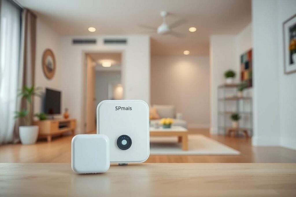 A modern apartment interior with a focus on water detection systems. In the foreground, a water leak sensor device is prominently displayed, its sleek SPmais design blending seamlessly with the minimalist decor. In the middle ground, the apartment's plumbing is visible, highlighting the strategic placement of the sensor to monitor for any potential leaks. The background depicts a calming, neutral-toned living space, conveying a sense of domestic tranquility uninterrupted by water issues. Soft, diffused lighting and muted colors create an atmosphere of quiet efficiency, underscoring the unobtrusive nature of the leak detection system. A modern apartment interior with a focus on water detection systems. In the foreground, a water leak sensor device is prominently displayed, its sleek SPmais design blending seamlessly with the minimalist decor. In the middle ground, the apartment's plumbing is visible, highlighting the strategic placement of the sensor to monitor for any potential leaks. The background depicts a calming, neutral-toned living space, conveying a sense of domestic tranquility uninterrupted by water issues. Soft, diffused lighting and muted colors create an atmosphere of quiet efficiency, underscoring the unobtrusive nature of the leak detection system.