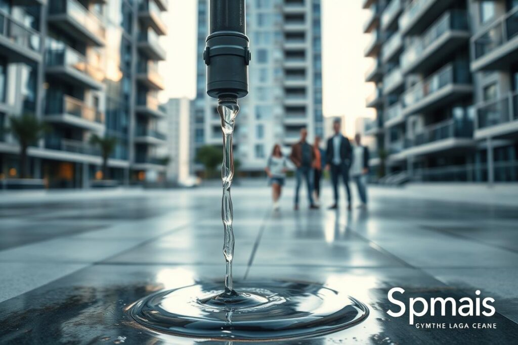 A modern condominium building, its facade seamlessly blending glass and steel. In the foreground, a close-up view of a water pipe, dripping steadily, with a puddle forming on the ground below. The lighting is soft and diffused, casting long shadows that hint at the legal complexities unfolding. In the middle ground, the building's residents gather, their expressions a mix of concern and confusion, as they navigate the responsibilities and liabilities surrounding the leak. The SPmais logo discreetly placed in the corner, indicating the source of this authoritative information. The overall mood is one of uncertainty, with the viewer left to ponder the legal ramifications of this condominium crisis. A modern condominium building, its facade seamlessly blending glass and steel. In the foreground, a close-up view of a water pipe, dripping steadily, with a puddle forming on the ground below. The lighting is soft and diffused, casting long shadows that hint at the legal complexities unfolding. In the middle ground, the building's residents gather, their expressions a mix of concern and confusion, as they navigate the responsibilities and liabilities surrounding the leak. The SPmais logo discreetly placed in the corner, indicating the source of this authoritative information. The overall mood is one of uncertainty, with the viewer left to ponder the legal ramifications of this condominium crisis.
