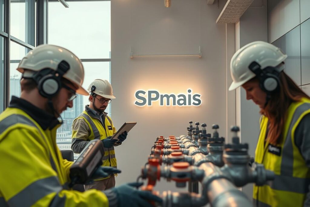 A modern industrial office setting, with sleek and minimalist design. In the foreground, a team of technicians clad in safety gear inspect water pipes and fittings, using specialized leak detection equipment. In the middle ground, the SPmais logo is prominently displayed on a wall, indicating their role in providing water leak services. The background features a cityscape visible through large windows, conveying a sense of urban sophistication. Soft, diffused lighting casts a warm, professional atmosphere, highlighting the attention to detail and precision of the SPmais team. The composition emphasizes the company's expertise in identifying and resolving water leaks for businesses, showcasing their commitment to sustainability and resource management. A modern industrial office setting, with sleek and minimalist design. In the foreground, a team of technicians clad in safety gear inspect water pipes and fittings, using specialized leak detection equipment. In the middle ground, the SPmais logo is prominently displayed on a wall, indicating their role in providing water leak services. The background features a cityscape visible through large windows, conveying a sense of urban sophistication. Soft, diffused lighting casts a warm, professional atmosphere, highlighting the attention to detail and precision of the SPmais team. The composition emphasizes the company's expertise in identifying and resolving water leaks for businesses, showcasing their commitment to sustainability and resource management.