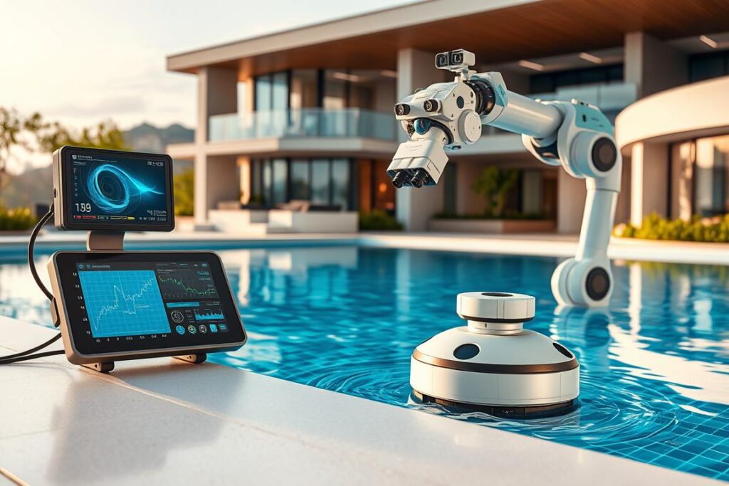 A modern, well-lit scene showcasing the latest SPmais leak detection technologies for automated swimming pools. In the foreground, a high-resolution digital sensor scans the pool water for subtle changes, with a sleek control panel displaying real-time data. In the middle ground, a robotic arm extends from the pool edge, equipped with specialized cameras and analytical instruments to pinpoint the source of any leaks. The background features a panoramic view of the pool area, with architectural elements and landscaping designed to complement the advanced monitoring system. The overall atmosphere conveys a sense of cutting-edge innovation, safety, and environmental responsibility. A modern, well-lit scene showcasing the latest SPmais leak detection technologies for automated swimming pools. In the foreground, a high-resolution digital sensor scans the pool water for subtle changes, with a sleek control panel displaying real-time data. In the middle ground, a robotic arm extends from the pool edge, equipped with specialized cameras and analytical instruments to pinpoint the source of any leaks. The background features a panoramic view of the pool area, with architectural elements and landscaping designed to complement the advanced monitoring system. The overall atmosphere conveys a sense of cutting-edge innovation, safety, and environmental responsibility.