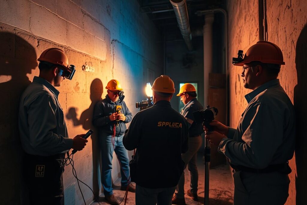 A professional team from SPmais carrying out a detailed building inspection, using specialized equipment to precisely locate and diagnose leaks in the aging structure. The technicians meticulously examine the walls, floors, and plumbing, utilizing high-resolution cameras and thermal imaging to pinpoint the sources of water damage. Ambient lighting casts dramatic shadows, creating an atmosphere of focused investigation as they work to uncover the hidden problems and devise effective solutions to preserve the historical integrity of the old building.