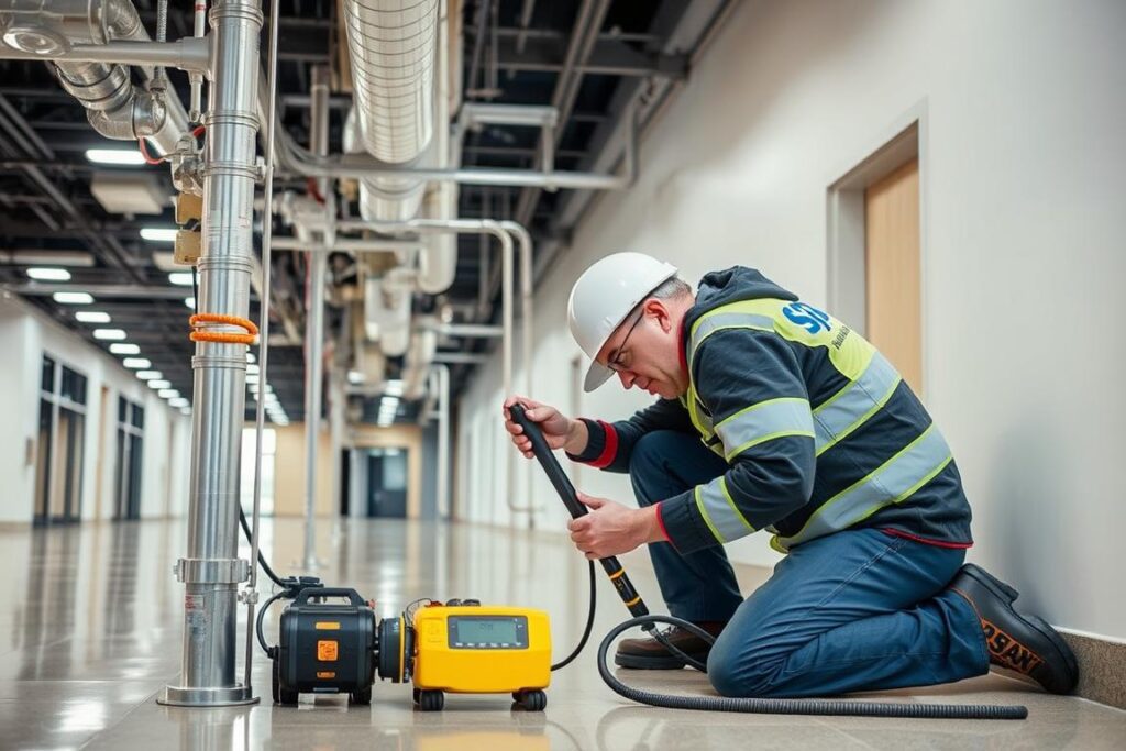 A professional technician from the leak detection company SPmais inspecting a commercial building's water infrastructure with specialized equipment. The scene captures the technician kneeling on the floor, meticulously examining pipes and fittings, while the building's interior provides a clean, well-lit backdrop. The mood is one of focused, systematic inspection, conveying the company's expertise in identifying and resolving water leaks to help businesses comply with water consumption regulations. A professional technician from the leak detection company SPmais inspecting a commercial building's water infrastructure with specialized equipment. The scene captures the technician kneeling on the floor, meticulously examining pipes and fittings, while the building's interior provides a clean, well-lit backdrop. The mood is one of focused, systematic inspection, conveying the company's expertise in identifying and resolving water leaks to help businesses comply with water consumption regulations.