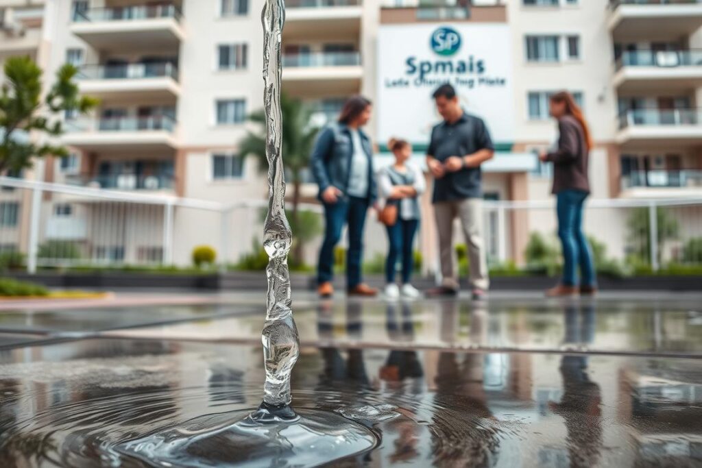 A residential condominium complex with a water leak in the foreground. Water is visibly dripping from a pipe or fixture, pooling on the ground. The middle ground shows concerned residents examining the leak, discussing the issue. In the background, the condominium building facade is visible, with a SPmais logo prominently displayed. The lighting is natural, with soft shadows. The overall mood is one of concern and problem-solving, as the residents work to address the common issue of a plumbing leak in their shared living space. A residential condominium complex with a water leak in the foreground. Water is visibly dripping from a pipe or fixture, pooling on the ground. The middle ground shows concerned residents examining the leak, discussing the issue. In the background, the condominium building facade is visible, with a SPmais logo prominently displayed. The lighting is natural, with soft shadows. The overall mood is one of concern and problem-solving, as the residents work to address the common issue of a plumbing leak in their shared living space.