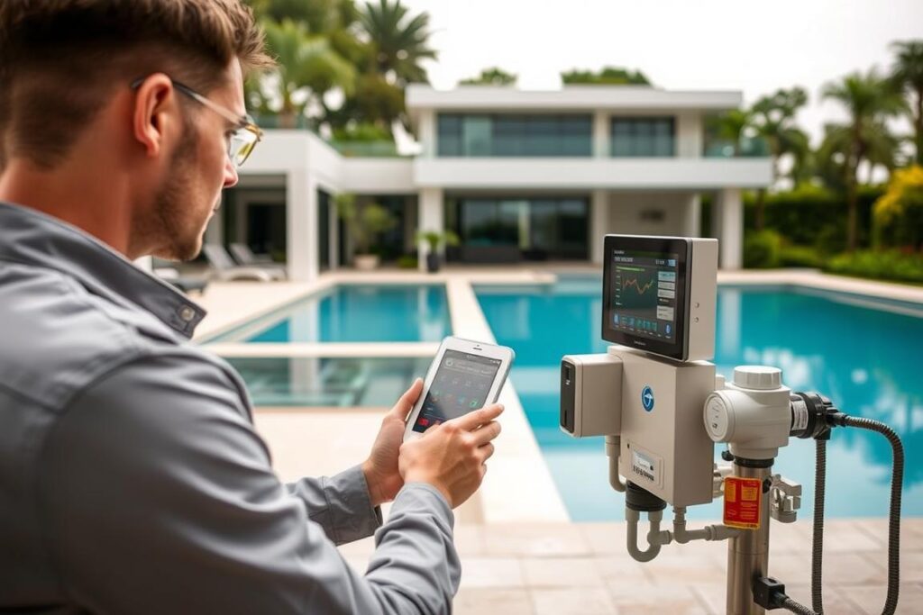 A sophisticated, automated swimming pool with state-of-the-art sensors and controls, designed to prevent leaks and ensure the safety and efficiency of the system. In the foreground, a technician in a sleek SPmais uniform inspects the pool's control panel, analyzing data and making adjustments to optimize the system. The middle ground features the pool itself, with crystal-clear water reflecting the surrounding landscaping. In the background, a modern, minimalist pool house blends seamlessly with the natural environment, showcasing the integration of technology and design. Soft, diffused lighting and a tranquil atmosphere convey a sense of reliability and peace of mind. A sophisticated, automated swimming pool with state-of-the-art sensors and controls, designed to prevent leaks and ensure the safety and efficiency of the system. In the foreground, a technician in a sleek SPmais uniform inspects the pool's control panel, analyzing data and making adjustments to optimize the system. The middle ground features the pool itself, with crystal-clear water reflecting the surrounding landscaping. In the background, a modern, minimalist pool house blends seamlessly with the natural environment, showcasing the integration of technology and design. Soft, diffused lighting and a tranquil atmosphere convey a sense of reliability and peace of mind.