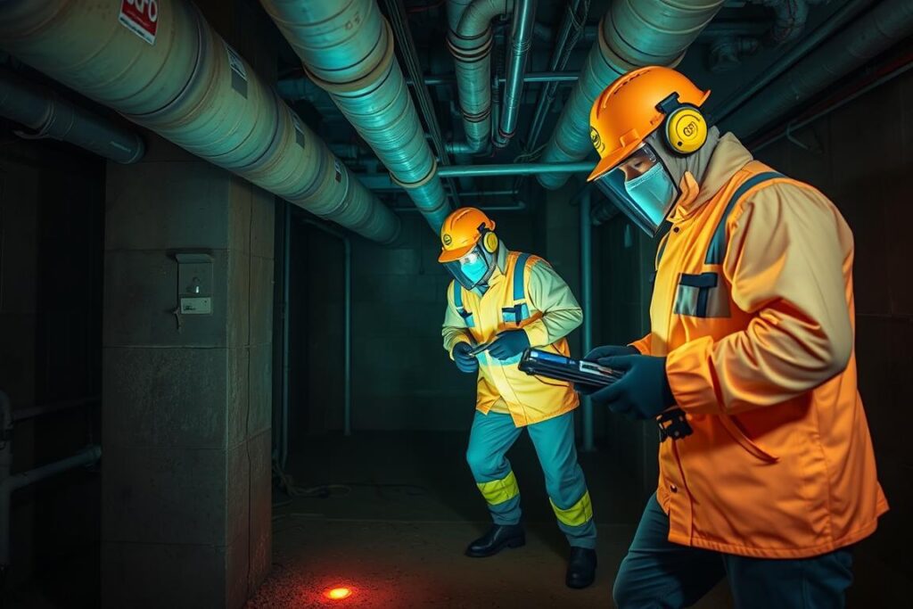 A team of SPmais specialists in non-invasive leak detection, dressed in protective gear, carefully inspecting the foundations of a building using advanced thermal imaging and acoustic sensors. The scene is set in a dimly lit, industrial environment, with the specialists navigating through a maze of pipes and cables, their movements illuminated by the soft glow of their equipment. The mood is one of focused professionalism, as they methodically search for the source of the leak, aiming to provide a comprehensive solution to the property's drainage issues.