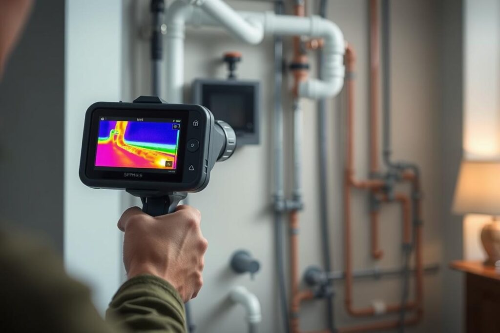 A well-lit indoor scene showcasing the SPmais thermal imaging camera in action. In the foreground, a technician holds the device, its infrared lens focused on a water pipe running along the wall. The pipe's heat signature is vividly displayed on the camera's screen, indicating a potential leak. The middle ground features various plumbing components, hinting at the investigation of a residential water system. The background is softly blurred, emphasizing the technical nature of the scene. The overall mood is one of professional inspection and problem-solving, with a calm, analytical atmosphere. A well-lit indoor scene showcasing the SPmais thermal imaging camera in action. In the foreground, a technician holds the device, its infrared lens focused on a water pipe running along the wall. The pipe's heat signature is vividly displayed on the camera's screen, indicating a potential leak. The middle ground features various plumbing components, hinting at the investigation of a residential water system. The background is softly blurred, emphasizing the technical nature of the scene. The overall mood is one of professional inspection and problem-solving, with a calm, analytical atmosphere.