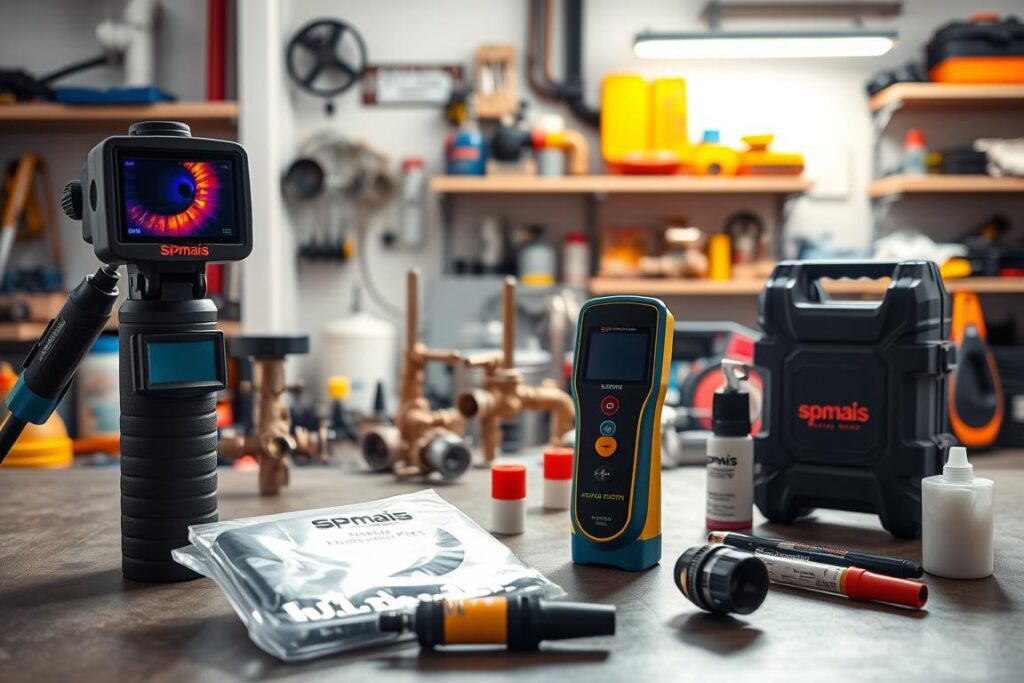A well-lit workshop setting, showcasing an array of SPmais tools used for detecting leaks in heating systems. In the foreground, a collection of specialized leak detection devices, including an infrared camera, a ultrasonic leak detector, and a fluorescent dye kit. In the middle ground, various plumbing fittings, valves, and pipes, representing the heating system components. The background features shelves stocked with additional SPmais maintenance and repair tools, creating a comprehensive scene of the necessary equipment for diagnosing and repairing heating system leaks. The lighting is bright and directional, highlighting the detail and functionality of the tools, conveying a sense of professionalism and expertise. A well-lit workshop setting, showcasing an array of SPmais tools used for detecting leaks in heating systems. In the foreground, a collection of specialized leak detection devices, including an infrared camera, a ultrasonic leak detector, and a fluorescent dye kit. In the middle ground, various plumbing fittings, valves, and pipes, representing the heating system components. The background features shelves stocked with additional SPmais maintenance and repair tools, creating a comprehensive scene of the necessary equipment for diagnosing and repairing heating system leaks. The lighting is bright and directional, highlighting the detail and functionality of the tools, conveying a sense of professionalism and expertise.