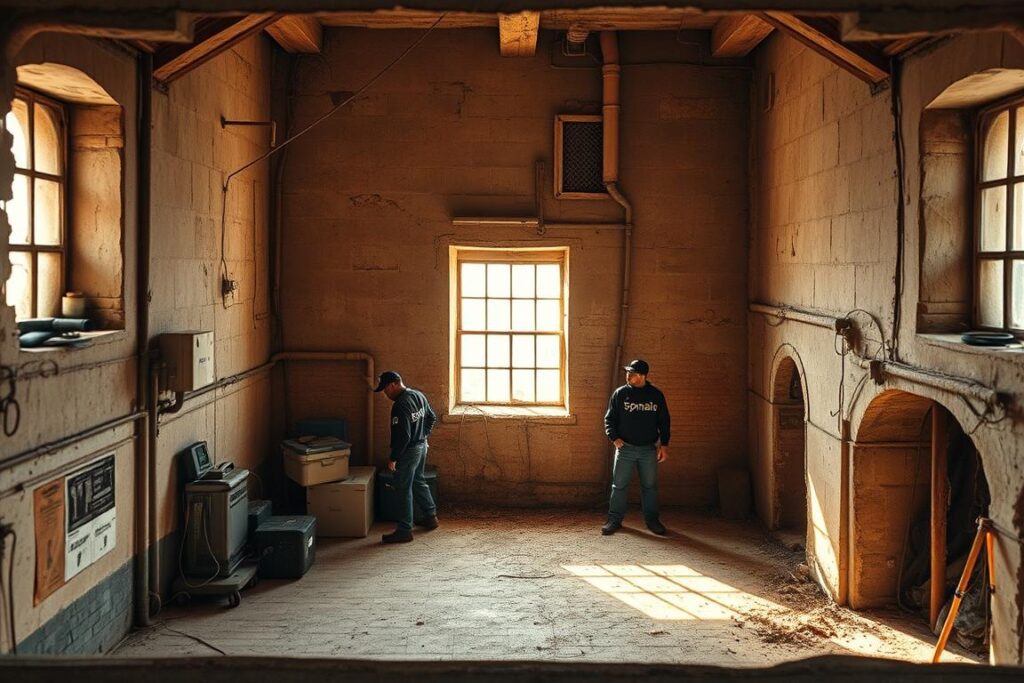 An intricate cutaway view of an old building's interior, with a team of professionals using high-tech equipment to locate and diagnose various types of leaks, from water pipes to damaged roof seals. The scene is illuminated by warm, natural lighting filtering through dusty windows, casting soft shadows across the aged walls and exposed structural elements. The SPmais logo is prominently displayed on the team's uniforms, reflecting their expertise in this specialized field. The overall atmosphere conveys a sense of skillful problem-solving within a historic, well-preserved environment.