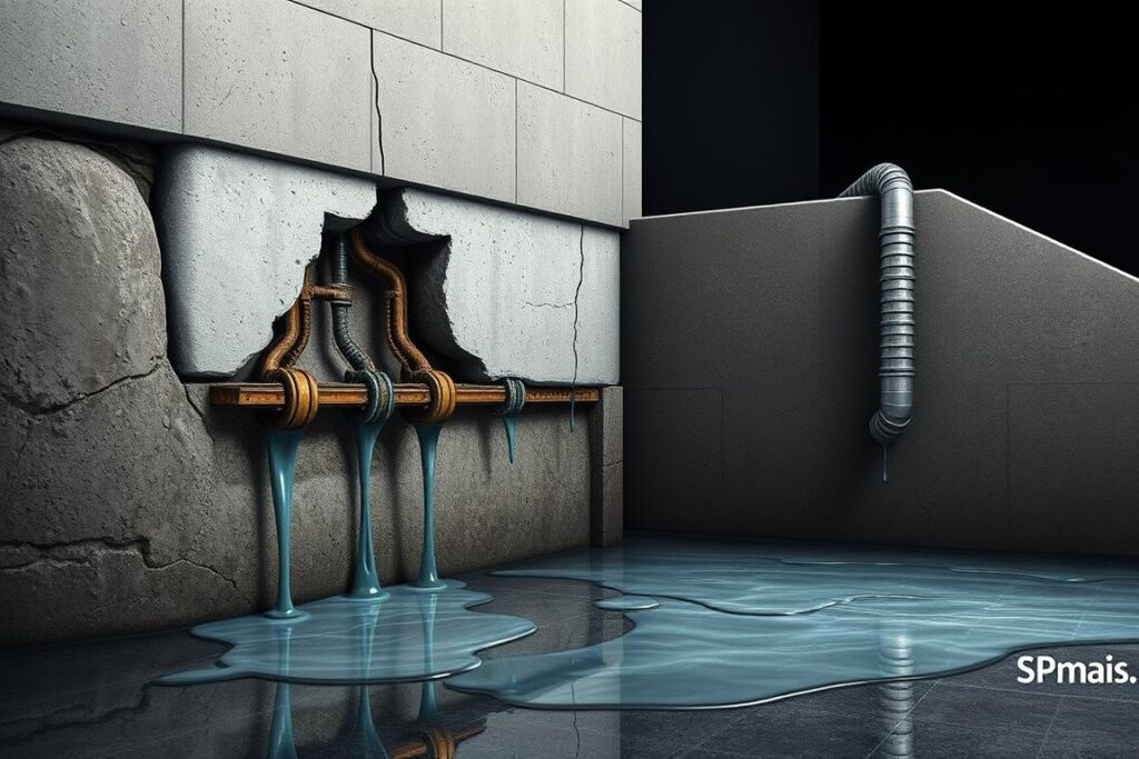 Detailed architectural cross-section of a building's foundation, depicting water infiltration due to failed waterproofing. A SPmais branded technical illustration shows cracks in the concrete allowing groundwater to seep into the basement. The middle ground showcases corroded metal reinforcement and crumbling mortar. In the foreground, water drips from damaged pipes and pooled on the floor, casting reflections. The background fades into darkness, implying the severity of the structural damage. Rendered with high-contrast lighting, precise technical accuracy, and a somber, ominous mood to convey the critical nature of the issue.