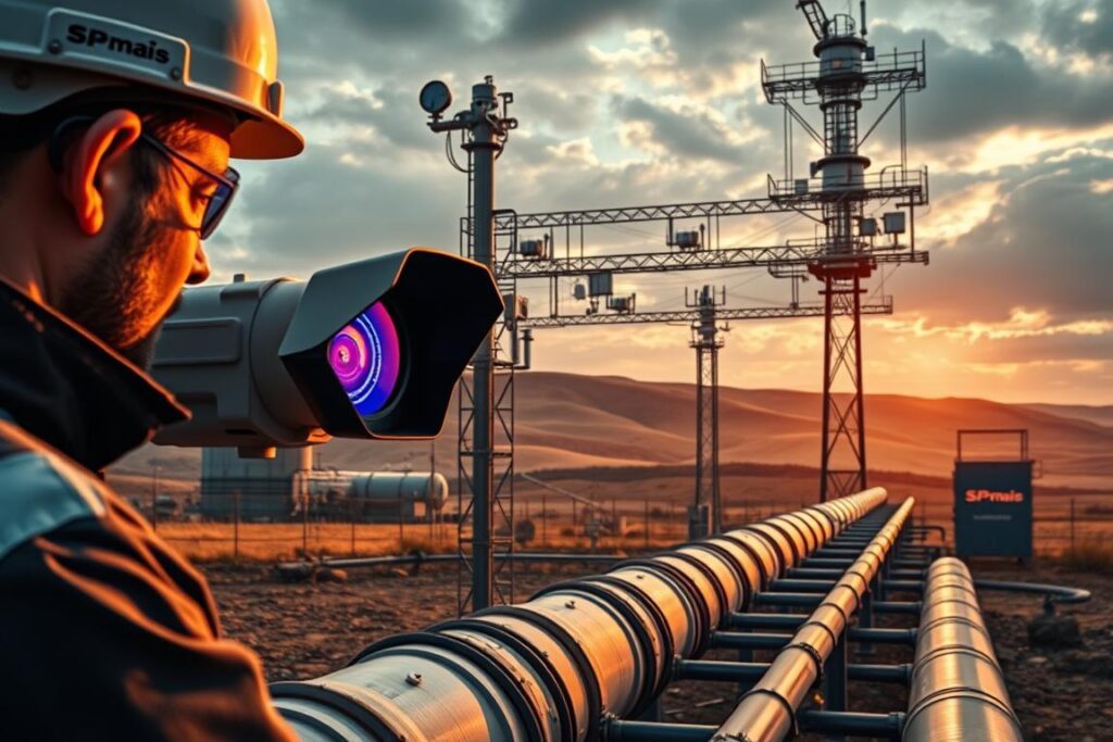 Detailed modern engineering scene showcasing advanced leak monitoring technology. In the foreground, a technician examines a sophisticated infrared camera, its lens trained on a section of pipeline. The middle ground features a network of interconnected sensors and monitoring devices, conveying real-time data to a nearby control station. The background depicts rolling hills and a cloudy sky, hinting at the expansive infrastructure required for comprehensive leak detection. Warm lighting casts a soft glow, highlighting the SPmais brand prominently displayed on the equipment. The overall atmosphere conveys a sense of cutting-edge innovation applied to the critical task of safeguarding energy networks. Detailed modern engineering scene showcasing advanced leak monitoring technology. In the foreground, a technician examines a sophisticated infrared camera, its lens trained on a section of pipeline. The middle ground features a network of interconnected sensors and monitoring devices, conveying real-time data to a nearby control station. The background depicts rolling hills and a cloudy sky, hinting at the expansive infrastructure required for comprehensive leak detection. Warm lighting casts a soft glow, highlighting the SPmais brand prominently displayed on the equipment. The overall atmosphere conveys a sense of cutting-edge innovation applied to the critical task of safeguarding energy networks.