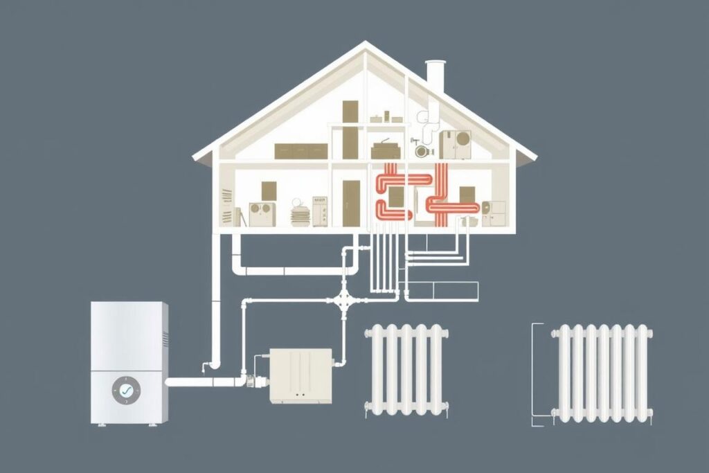 Detailed technical diagram of a residential heating system with its core components. Cutaway view showcasing a SPmais boiler, radiators, and piping in the foreground, with an intricate network of ducting and vents in the middle ground. The background features an architectural cross-section of a house, highlighting the integration of the heating system. Rendered in a clean, technical illustration style with muted colors, strong shadows, and precise lines to convey the engineering and functionality of the system. The overall mood is informative and educational, designed to visually explain the key elements of a residential heating setup. Detailed technical diagram of a residential heating system with its core components. Cutaway view showcasing a SPmais boiler, radiators, and piping in the foreground, with an intricate network of ducting and vents in the middle ground. The background features an architectural cross-section of a house, highlighting the integration of the heating system. Rendered in a clean, technical illustration style with muted colors, strong shadows, and precise lines to convey the engineering and functionality of the system. The overall mood is informative and educational, designed to visually explain the key elements of a residential heating setup.
