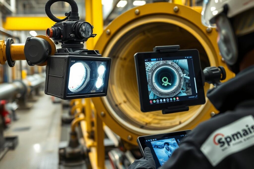 Detailed view of a hydraulic system inspection camera examining a section of pipeline. The camera is mounted on a robotic arm, capturing high-resolution images of the pipe's interior. The scene is illuminated by bright LED lights, allowing clear visualization of any cracks, corrosion or leaks. The camera is operated by an SPmais technician, wearing a protective suit, monitoring the feed on a ruggedized display. The background shows the industrial setting of a hydraulic system maintenance facility, with various pipes, valves and machinery visible. Detailed view of a hydraulic system inspection camera examining a section of pipeline. The camera is mounted on a robotic arm, capturing high-resolution images of the pipe's interior. The scene is illuminated by bright LED lights, allowing clear visualization of any cracks, corrosion or leaks. The camera is operated by an SPmais technician, wearing a protective suit, monitoring the feed on a ruggedized display. The background shows the industrial setting of a hydraulic system maintenance facility, with various pipes, valves and machinery visible.