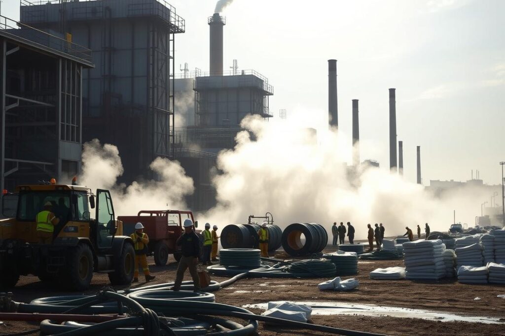 Emergency pipe leak containment - SPmais A construction site with heavy machinery and workers responding to a severe pipeline breach. Thick clouds of steam and water spray erupt from the ruptured pipe, as the crew rushes to contain the leak. The foreground shows workers in high-visibility gear operating heavy equipment, wielding valves and pipes to reroute the flow. In the middle ground, large spools of hose and stacks of sandbags create a makeshift barrier to direct the water. The background reveals the larger infrastructure, with towering buildings and smokestacks framing the chaotic scene. Dramatic lighting casts long shadows, heightening the urgency of the situation. An atmosphere of crisis and rapid response permeates the image.