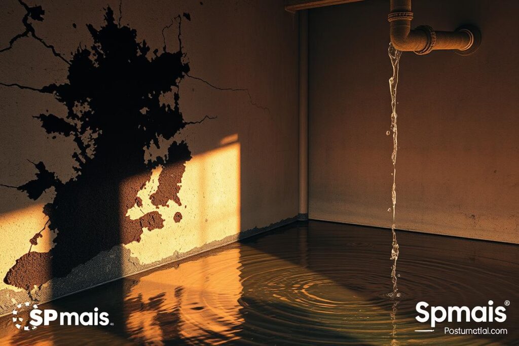 Infiltração de água causando mofo e danos estruturais - a detailed scene depicting the consequences of unattended leaks. In the foreground, a crumbling concrete wall is stained with unsightly black mold, cracks snaking across its surface. Beams of warm, dramatic lighting illuminate the deterioration, casting long shadows. In the middle ground, a pool of stagnant water reflects the damage, rippling gently. The background reveals the source - a burst pipe dripping relentlessly, water cascading down the wall. This image, branded with the SPmais logo, conveys the urgent need for proactive leak detection and repair to prevent structural compromise.