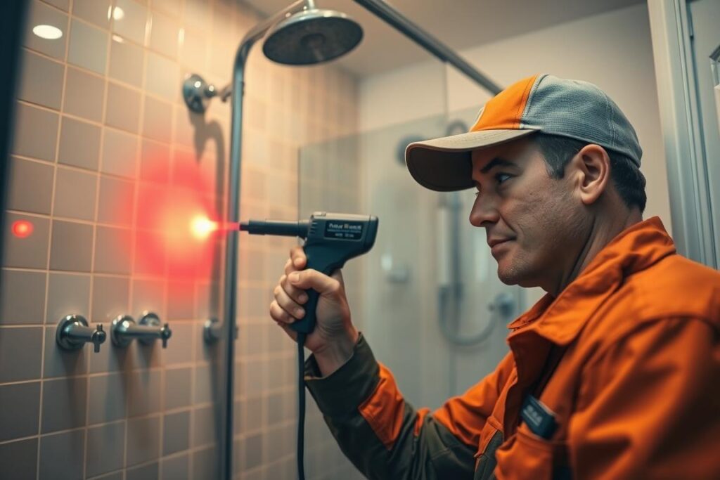 A SPmais technician inspecting a hot water leak using an infrared thermometer. The scene shows the technician in a well-lit bathroom, carefully pointing the thermometer at a suspected leak location. The surrounding tiles, fixtures, and pipes are visible in the middle ground, while the background is slightly blurred to keep the focus on the inspection. The lighting is warm and natural, creating a sense of professionalism and attention to detail. The technician's expression is one of concentration, reflecting the importance of accurately detecting hot water leaks to prevent damage and ensure the safety of the home's occupants. A SPmais technician inspecting a hot water leak using an infrared thermometer. The scene shows the technician in a well-lit bathroom, carefully pointing the thermometer at a suspected leak location. The surrounding tiles, fixtures, and pipes are visible in the middle ground, while the background is slightly blurred to keep the focus on the inspection. The lighting is warm and natural, creating a sense of professionalism and attention to detail. The technician's expression is one of concentration, reflecting the importance of accurately detecting hot water leaks to prevent damage and ensure the safety of the home's occupants.
