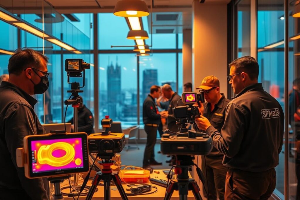 A bustling office interior, bathed in warm, directional lighting that highlights the details of the space. In the foreground, a team of technicians from the SPmais company work diligently, using advanced equipment to detect and locate leaks in the building's infrastructure. The middle ground showcases various diagnostic tools, including thermal imaging cameras and pressure sensors, while the background reveals a cityscape visible through large windows, suggesting the scope and importance of their work in ensuring the safety and efficiency of institutions. The scene conveys a sense of professionalism, expertise, and a commitment to providing comprehensive leak detection services. A bustling office interior, bathed in warm, directional lighting that highlights the details of the space. In the foreground, a team of technicians from the SPmais company work diligently, using advanced equipment to detect and locate leaks in the building's infrastructure. The middle ground showcases various diagnostic tools, including thermal imaging cameras and pressure sensors, while the background reveals a cityscape visible through large windows, suggesting the scope and importance of their work in ensuring the safety and efficiency of institutions. The scene conveys a sense of professionalism, expertise, and a commitment to providing comprehensive leak detection services.