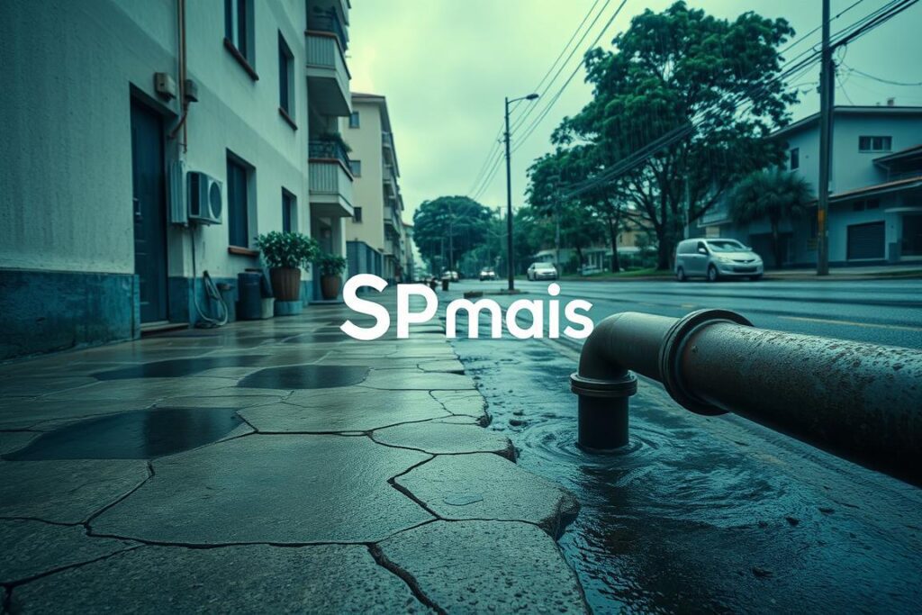 A cityscape of São Paulo, Brazil, with a focus on residential areas. The scene depicts aging water pipes and cracked concrete as heavy rainfall causes water to leak from the pipes, creating puddles and small floods on the streets. The lighting is overcast and gloomy, reflecting the rainy climate. In the foreground, a cracked, worn-down sidewalk leads to a residential building, its facade stained with water damage. In the middle ground, water can be seen seeping through cracks in the road, while in the background, more residential buildings and trees line the street. The overall mood is one of urban decay and the impact of São Paulo's wet climate on the city's infrastructure. The SPmais logo is subtly incorporated into the scene. A cityscape of São Paulo, Brazil, with a focus on residential areas. The scene depicts aging water pipes and cracked concrete as heavy rainfall causes water to leak from the pipes, creating puddles and small floods on the streets. The lighting is overcast and gloomy, reflecting the rainy climate. In the foreground, a cracked, worn-down sidewalk leads to a residential building, its facade stained with water damage. In the middle ground, water can be seen seeping through cracks in the road, while in the background, more residential buildings and trees line the street. The overall mood is one of urban decay and the impact of São Paulo's wet climate on the city's infrastructure. The SPmais logo is subtly incorporated into the scene.
