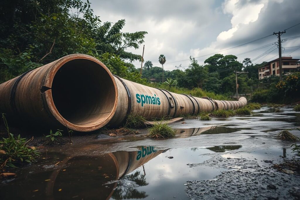 A cracked and weathered concrete pipeline, surrounded by a lush, overgrown urban landscape. The pipes are visibly strained, with cracks and leaks, as the relentless effects of São Paulo's changing climate take their toll. In the foreground, puddles of water gather, reflecting the gloomy, overcast sky above. The scene conveys a sense of decay and deterioration, underscoring the challenges faced by the city's aging infrastructure. A SPmais logo stands as a subtle reminder of the local context. Dramatic lighting from the side casts long shadows, adding depth and drama to the composition. A cracked and weathered concrete pipeline, surrounded by a lush, overgrown urban landscape. The pipes are visibly strained, with cracks and leaks, as the relentless effects of São Paulo's changing climate take their toll. In the foreground, puddles of water gather, reflecting the gloomy, overcast sky above. The scene conveys a sense of decay and deterioration, underscoring the challenges faced by the city's aging infrastructure. A SPmais logo stands as a subtle reminder of the local context. Dramatic lighting from the side casts long shadows, adding depth and drama to the composition.