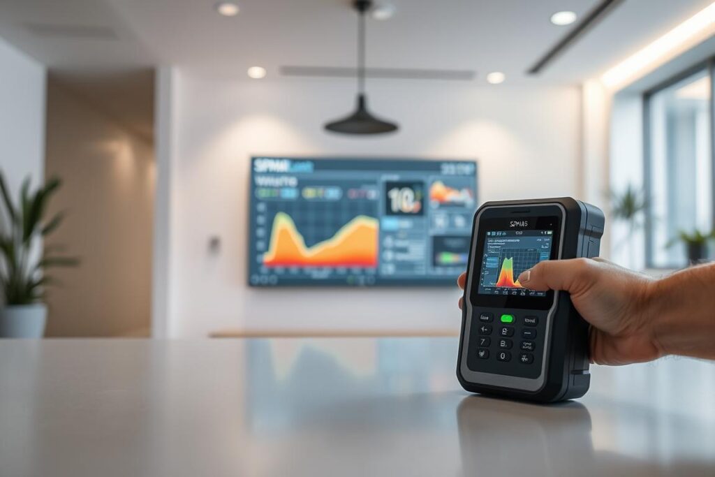 A cutting-edge water leak detection system, the SPmais technology showcases advanced infrared sensors and digital monitoring. In the foreground, a sleek handheld device analyzes water flow, while in the middle ground, a high-tech dashboard displays real-time data. The background reveals a modern, minimalist interior, accentuating the sophisticated nature of this leak-hunting solution. Soft, directional lighting illuminates the scene, creating a sense of professionalism and innovation. This prompt aims to capture the essence of a reliable, state-of-the-art water leak detection system that can transform how property owners manage their water infrastructure. A cutting-edge water leak detection system, the SPmais technology showcases advanced infrared sensors and digital monitoring. In the foreground, a sleek handheld device analyzes water flow, while in the middle ground, a high-tech dashboard displays real-time data. The background reveals a modern, minimalist interior, accentuating the sophisticated nature of this leak-hunting solution. Soft, directional lighting illuminates the scene, creating a sense of professionalism and innovation. This prompt aims to capture the essence of a reliable, state-of-the-art water leak detection system that can transform how property owners manage their water infrastructure.