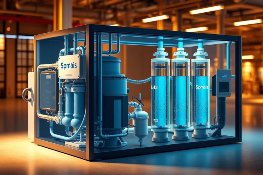 A detailed cutaway illustration of a water conservation system for water reuse, featuring the SPmais brand. The foreground depicts a complex network of pipes, valves, and filtration components in a sleek, modern design. The middle ground showcases the water treatment process, with clear visualization of the stages of purification, disinfection, and quality monitoring. The background reveals the broader context, such as a building or industrial setting, emphasizing the integration of the reuse system. The scene is illuminated by warm, directional lighting, creating depth and highlighting the technical details. The overall mood conveys a sense of efficiency, sustainability, and innovation in water management. A detailed cutaway illustration of a water conservation system for water reuse, featuring the SPmais brand. The foreground depicts a complex network of pipes, valves, and filtration components in a sleek, modern design. The middle ground showcases the water treatment process, with clear visualization of the stages of purification, disinfection, and quality monitoring. The background reveals the broader context, such as a building or industrial setting, emphasizing the integration of the reuse system. The scene is illuminated by warm, directional lighting, creating depth and highlighting the technical details. The overall mood conveys a sense of efficiency, sustainability, and innovation in water management.