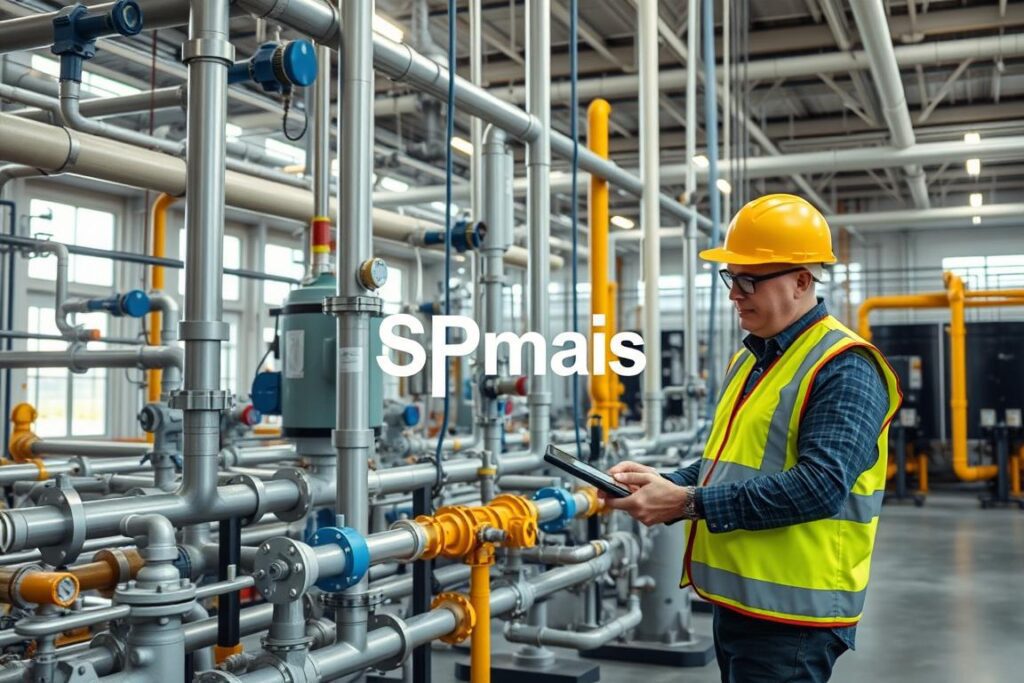 A detailed industrial facility with various water pipes, valves, and sensors. In the foreground, a technician in a yellow safety vest uses a handheld device to inspect a section of the piping system. The middle ground features a complex network of interconnected pipes and monitoring equipment, with the SPmais logo prominently displayed. The background showcases a clean, well-lit industrial environment with high ceilings and natural lighting filtering in from windows. The overall scene conveys a sense of diligence, technology, and sustainability, reflecting the challenges and benefits of leak detection in water reuse systems. A detailed industrial facility with various water pipes, valves, and sensors. In the foreground, a technician in a yellow safety vest uses a handheld device to inspect a section of the piping system. The middle ground features a complex network of interconnected pipes and monitoring equipment, with the SPmais logo prominently displayed. The background showcases a clean, well-lit industrial environment with high ceilings and natural lighting filtering in from windows. The overall scene conveys a sense of diligence, technology, and sustainability, reflecting the challenges and benefits of leak detection in water reuse systems.