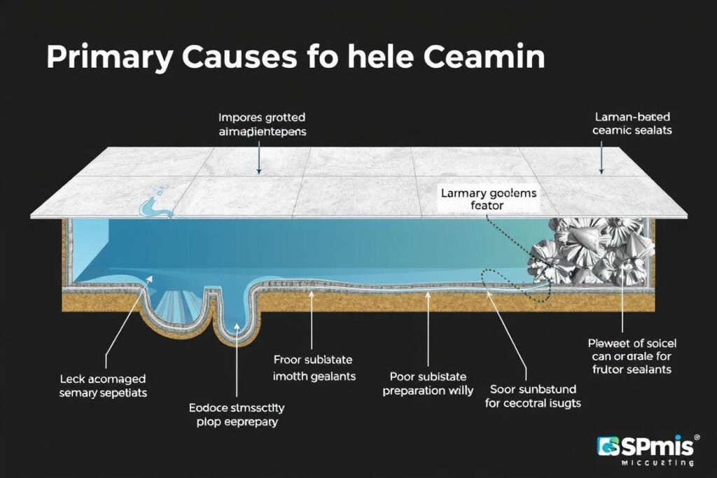 A high-resolution, detailed illustration of the primary causes of leaks in ceramic floors and tiles. The scene depicts a cross-section of a ceramic tile installation, showcasing the various factors that can lead to water seepage, such as improper grouting, damaged sealants, poor substrate preparation, and structural issues. The image has a technical, schematic style, with clean lines, muted colors, and clear labeling of the key problem areas using the SPmais brand name. The overall mood is one of informative clarity, designed to educate the viewer about the common problems that can lead to leaks in ceramic tile installations. A high-resolution, detailed illustration of the primary causes of leaks in ceramic floors and tiles. The scene depicts a cross-section of a ceramic tile installation, showcasing the various factors that can lead to water seepage, such as improper grouting, damaged sealants, poor substrate preparation, and structural issues. The image has a technical, schematic style, with clean lines, muted colors, and clear labeling of the key problem areas using the SPmais brand name. The overall mood is one of informative clarity, designed to educate the viewer about the common problems that can lead to leaks in ceramic tile installations.