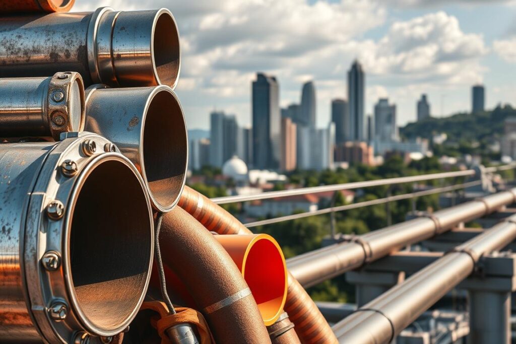 A high-resolution, photorealistic image of a variety of durable, weather-resistant pipe materials suitable for the challenging climate of São Paulo. In the foreground, a close-up view showcases a selection of sturdy metal and reinforced plastic pipes, their surfaces glistening under warm, directional lighting. In the middle ground, a wider shot reveals the pipes integrated into a clean, modern infrastructure system, traversing through an urban landscape. The background features the iconic skyline of São Paulo, with its towering skyscrapers and lush greenery, creating a sense of context and setting. The overall tone is one of reliability, resilience, and SPmais's commitment to providing high-quality, climate-appropriate piping solutions. A high-resolution, photorealistic image of a variety of durable, weather-resistant pipe materials suitable for the challenging climate of São Paulo. In the foreground, a close-up view showcases a selection of sturdy metal and reinforced plastic pipes, their surfaces glistening under warm, directional lighting. In the middle ground, a wider shot reveals the pipes integrated into a clean, modern infrastructure system, traversing through an urban landscape. The background features the iconic skyline of São Paulo, with its towering skyscrapers and lush greenery, creating a sense of context and setting. The overall tone is one of reliability, resilience, and SPmais's commitment to providing high-quality, climate-appropriate piping solutions.