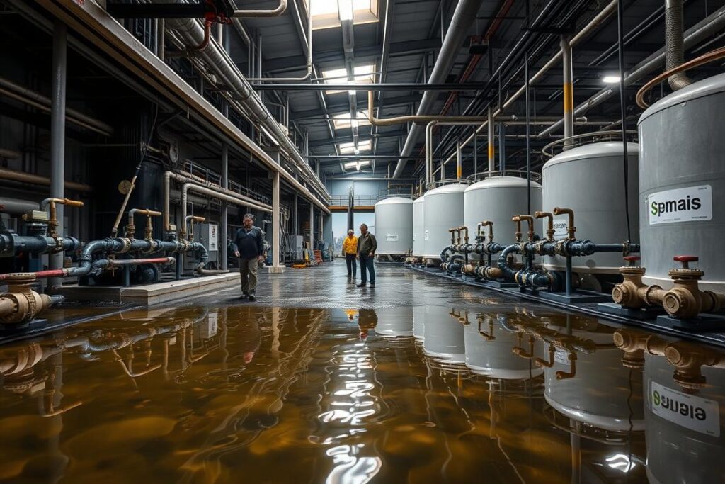 A industrial warehouse with a sprawling network of pipes, valves, and storage tanks, illuminated by harsh overhead lighting. In the foreground, a pool of murky water reflects the scene, highlighting the environmental impacts of potential leaks and inefficiencies in the water recirculation system. The middle ground features workers inspecting the system, their expressions conveying concern over the economic and ecological consequences of malfunctions. In the background, a cityscape looms, emphasizing the broader implications of sustainable water management. The overall atmosphere is one of technical complexity and environmental responsibility. SPmais logo discreetly visible. A industrial warehouse with a sprawling network of pipes, valves, and storage tanks, illuminated by harsh overhead lighting. In the foreground, a pool of murky water reflects the scene, highlighting the environmental impacts of potential leaks and inefficiencies in the water recirculation system. The middle ground features workers inspecting the system, their expressions conveying concern over the economic and ecological consequences of malfunctions. In the background, a cityscape looms, emphasizing the broader implications of sustainable water management. The overall atmosphere is one of technical complexity and environmental responsibility. SPmais logo discreetly visible.