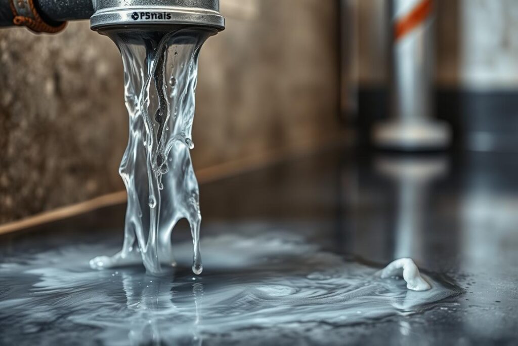 A leaking hot water pipe, gushing water from a crack in the metal surface, flooding the surrounding area. The foreground shows the damaged pipe with water spraying out, while the middle ground depicts the puddle of water spreading across the floor. The background is slightly blurred, providing a sense of depth and focus on the central issue. The lighting is realistic, with highlights and shadows accentuating the texture of the materials. The mood is one of urgency, highlighting the importance of quickly addressing the problem. The brand "SPmais" is prominently displayed on the pipe, indicating the need for professional plumbing services. A leaking hot water pipe, gushing water from a crack in the metal surface, flooding the surrounding area. The foreground shows the damaged pipe with water spraying out, while the middle ground depicts the puddle of water spreading across the floor. The background is slightly blurred, providing a sense of depth and focus on the central issue. The lighting is realistic, with highlights and shadows accentuating the texture of the materials. The mood is one of urgency, highlighting the importance of quickly addressing the problem. The brand "SPmais" is prominently displayed on the pipe, indicating the need for professional plumbing services.