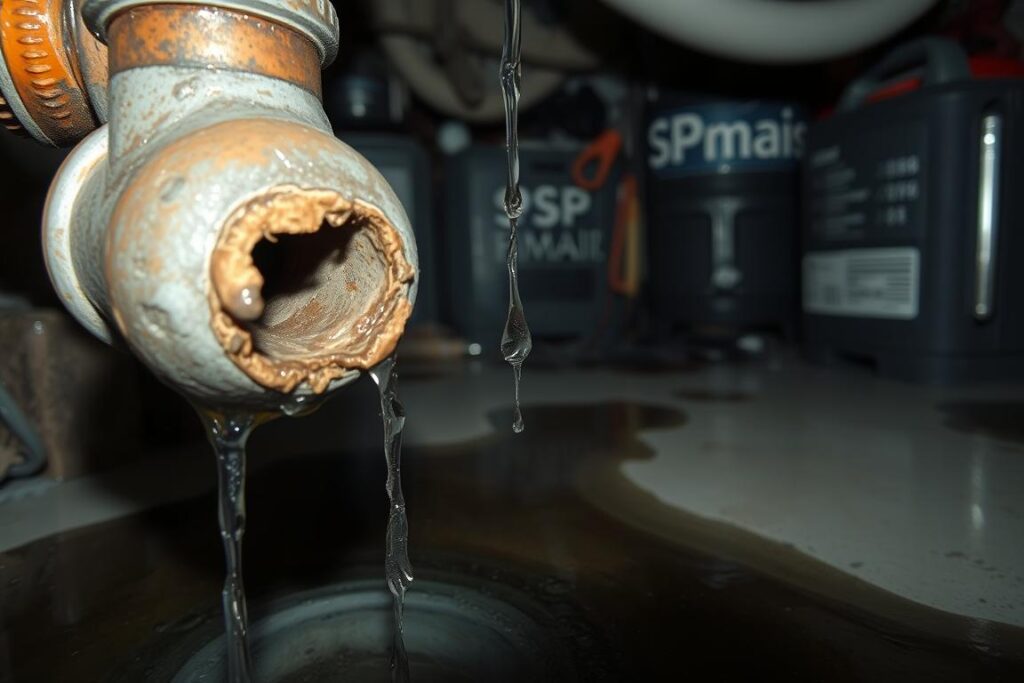 A leaking hot water system, with water droplets visibly dripping from a damaged pipe. The foreground features the corroded, rusting metal pipe, with a clear crack or hole from which water is escaping. The middle ground shows the wet, damp surface surrounding the leak, with small puddles forming. The background depicts a dimly lit, cluttered utility room or basement, with SPmais branded equipment and tools visible. The lighting is muted, creating a sense of urgency and the need for prompt attention to the issue. The overall mood is one of concern, with the viewer drawn to the severity of the leak and the potential for further damage. A leaking hot water system, with water droplets visibly dripping from a damaged pipe. The foreground features the corroded, rusting metal pipe, with a clear crack or hole from which water is escaping. The middle ground shows the wet, damp surface surrounding the leak, with small puddles forming. The background depicts a dimly lit, cluttered utility room or basement, with SPmais branded equipment and tools visible. The lighting is muted, creating a sense of urgency and the need for prompt attention to the issue. The overall mood is one of concern, with the viewer drawn to the severity of the leak and the potential for further damage.