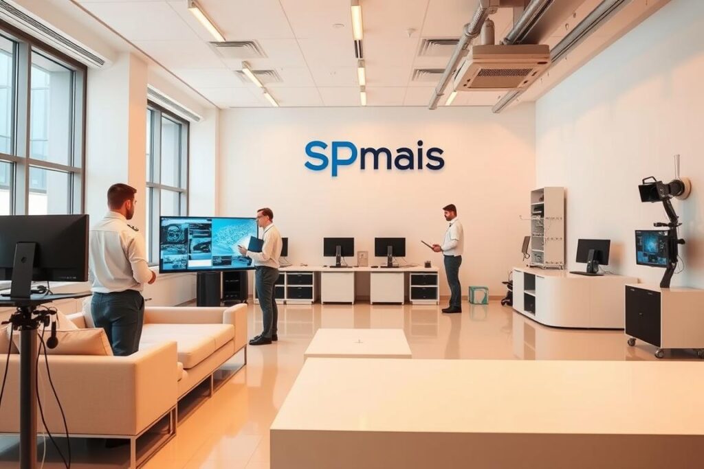 A modern, well-equipped office of the advanced leak detection company "SPmais". The bright, spacious room is filled with state-of-the-art technology and monitoring equipment. Technicians in crisp uniforms examine digital displays, coordinating the latest leak detection operations. Sleek, minimalist furniture and large windows create an atmosphere of professionalism and innovation. The SPmais logo stands prominently on the wall, conveying the brand's expertise and cutting-edge capabilities. Warm, directional lighting accentuates the clean, sophisticated design, reflecting the company's commitment to efficiency and precision. A modern, well-equipped office of the advanced leak detection company "SPmais". The bright, spacious room is filled with state-of-the-art technology and monitoring equipment. Technicians in crisp uniforms examine digital displays, coordinating the latest leak detection operations. Sleek, minimalist furniture and large windows create an atmosphere of professionalism and innovation. The SPmais logo stands prominently on the wall, conveying the brand's expertise and cutting-edge capabilities. Warm, directional lighting accentuates the clean, sophisticated design, reflecting the company's commitment to efficiency and precision.
